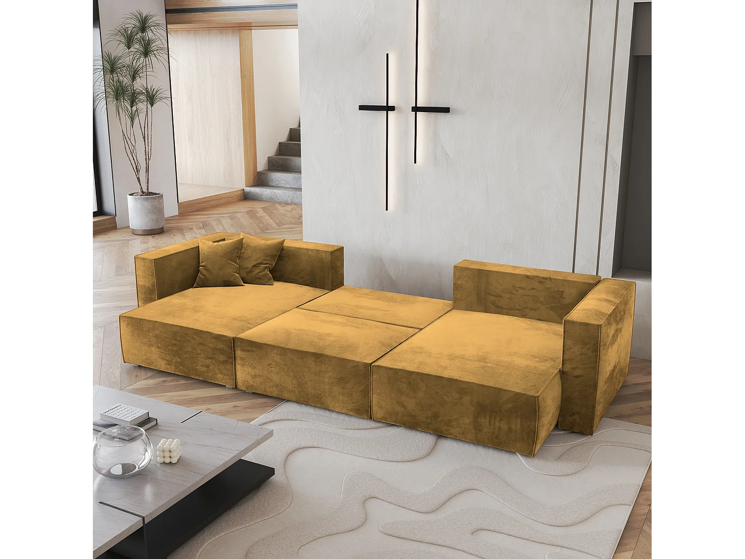 Canapé d'angle SARMO Jaune en velours avec fonction de couchage