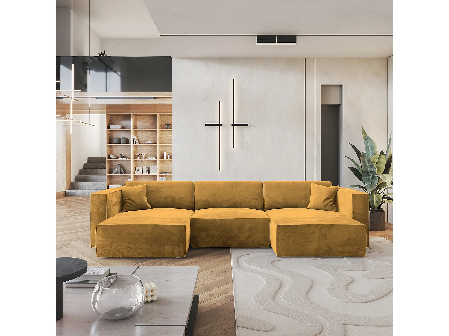 Canapé d'angle SARMO Jaune en velours avec fonction de couchage