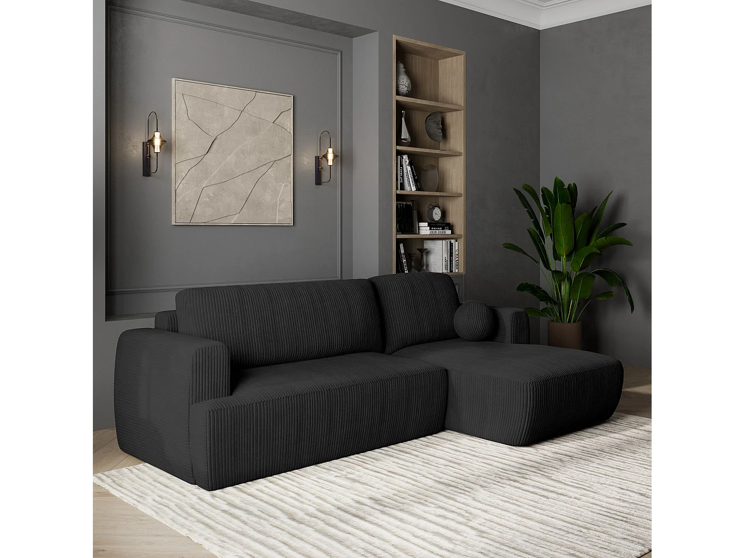 Canapé d'angle SENTI Noir en velours côtelé avec fonction de couchage