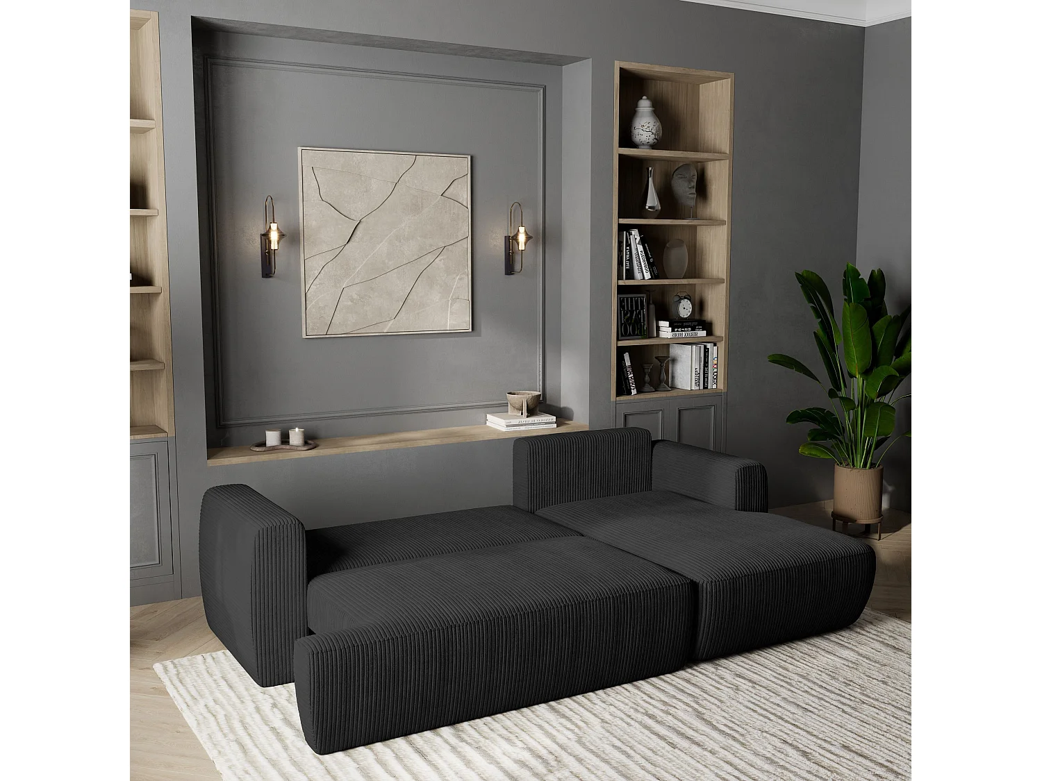 Canapé d'angle SENTI Noir en velours côtelé avec fonction de couchage