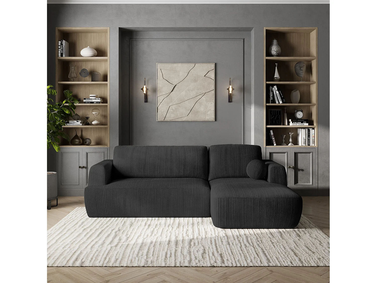 Canapé d'angle SENTI Noir en velours côtelé avec fonction de couchage