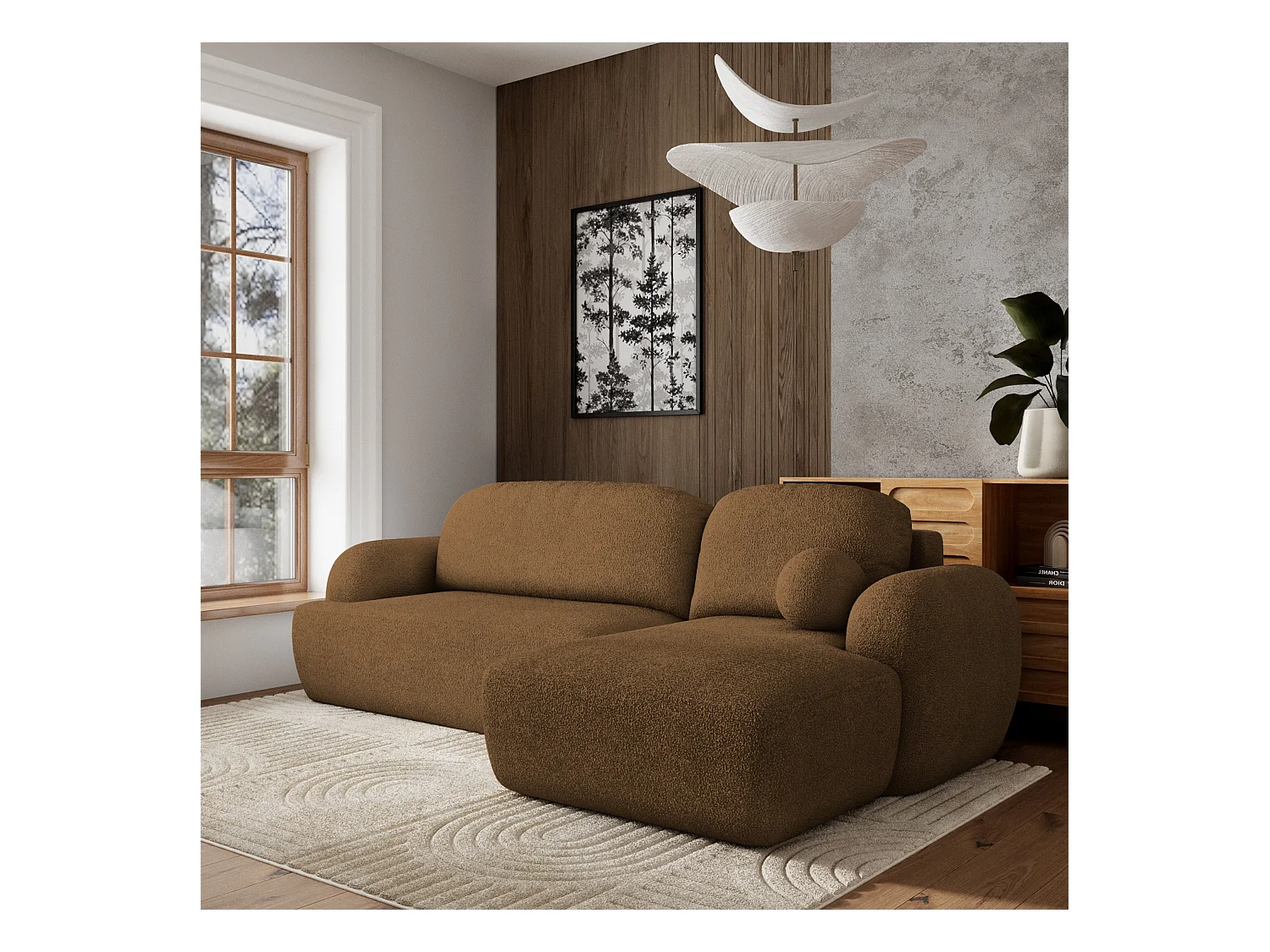 Canapé d'angle MODENZA Marron en bouclé avec fonction de couchage