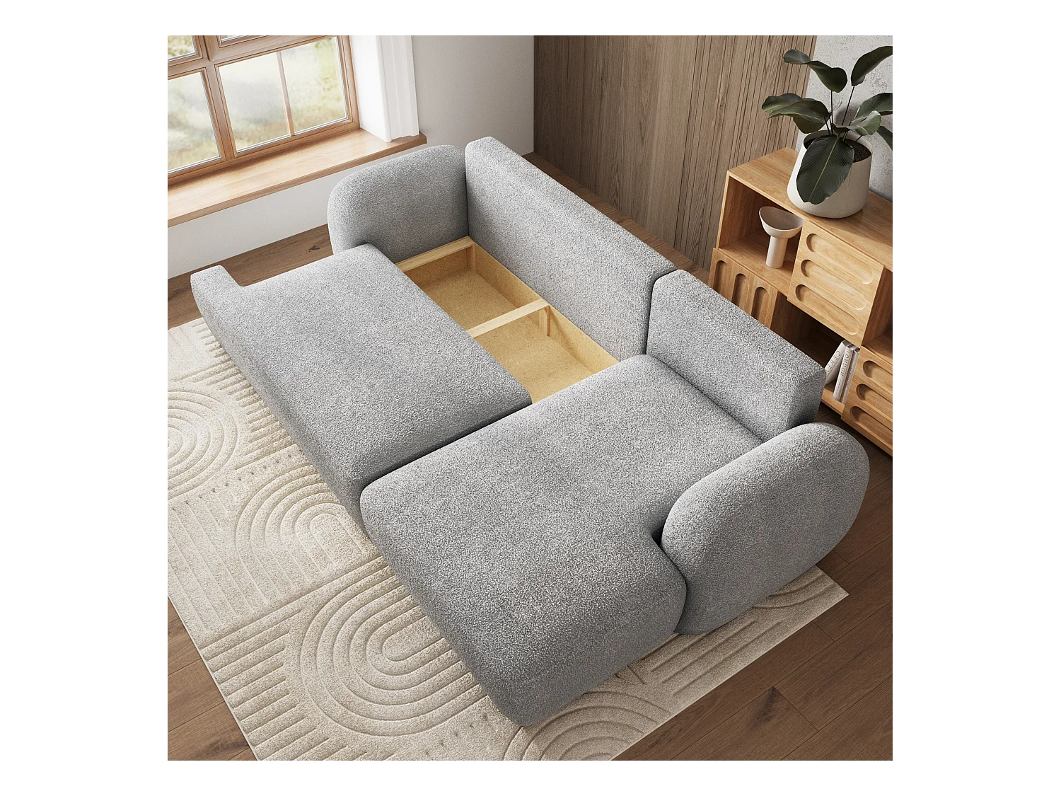 Canapé d'angle MODENZA Marron en bouclé avec fonction de couchage