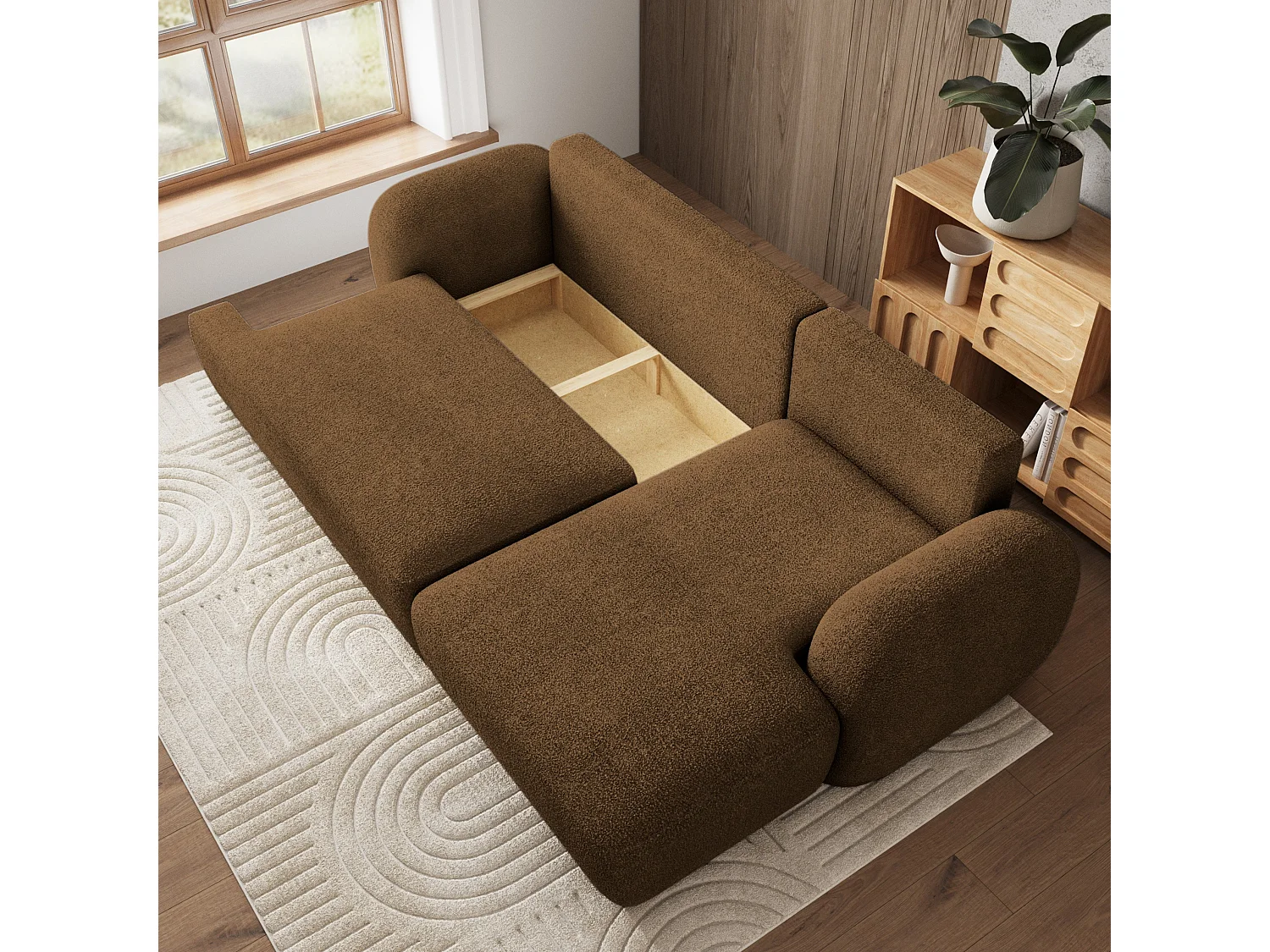 Canapé d'angle MODENZA Marron en bouclé avec fonction de couchage