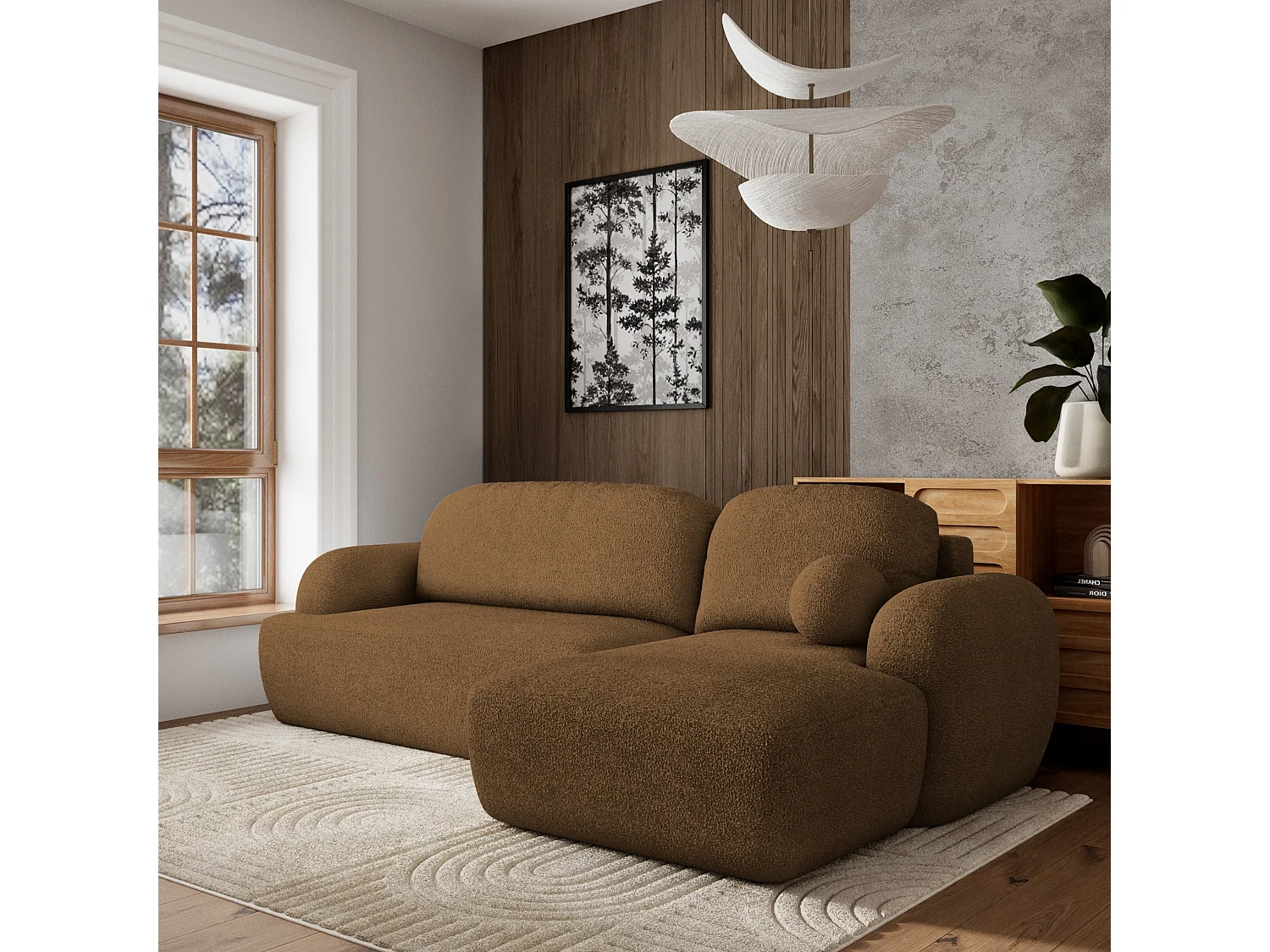 Canapé d'angle MODENZA Marron en bouclé avec fonction de couchage