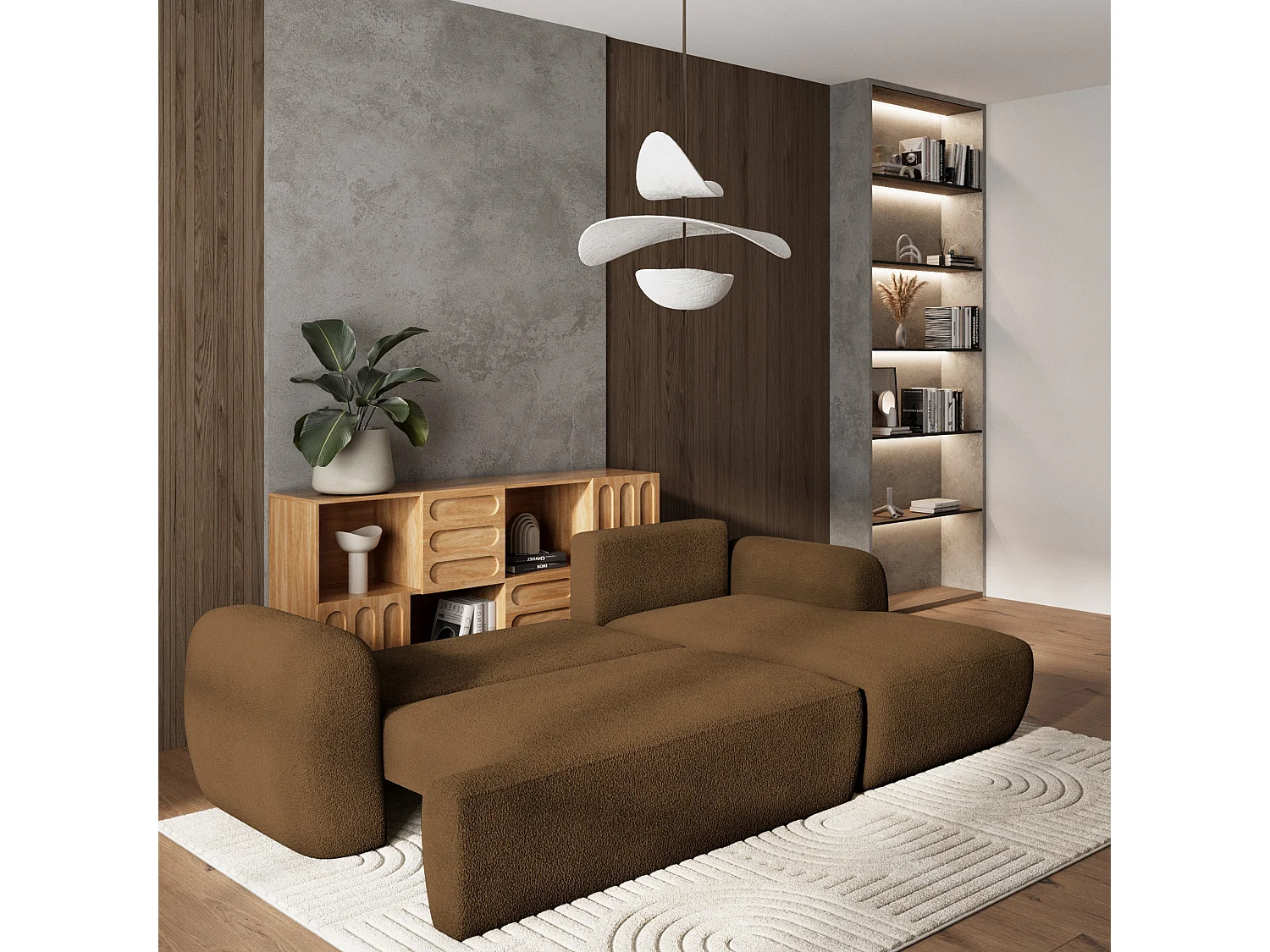 Canapé d'angle MODENZA Marron en bouclé avec fonction de couchage