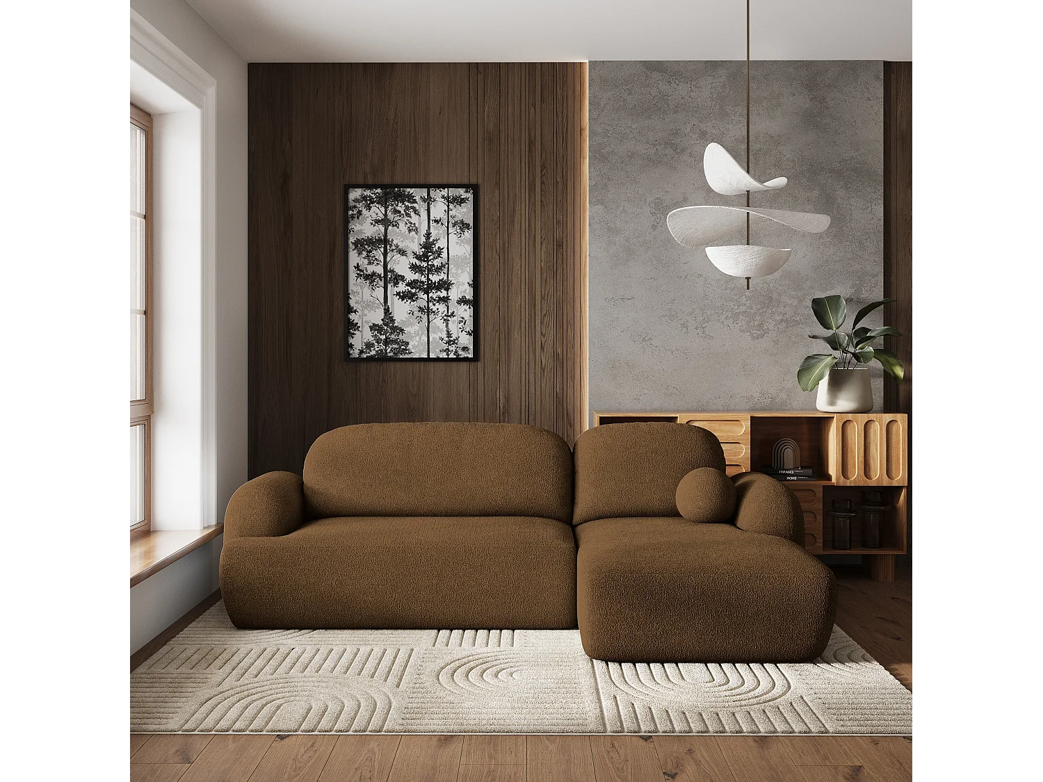 Canapé d'angle MODENZA Marron en bouclé avec fonction de couchage