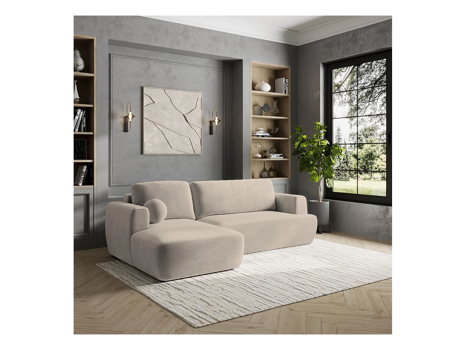 Canapé d'angle SENTI Beige en peluche avec fonction de couchage