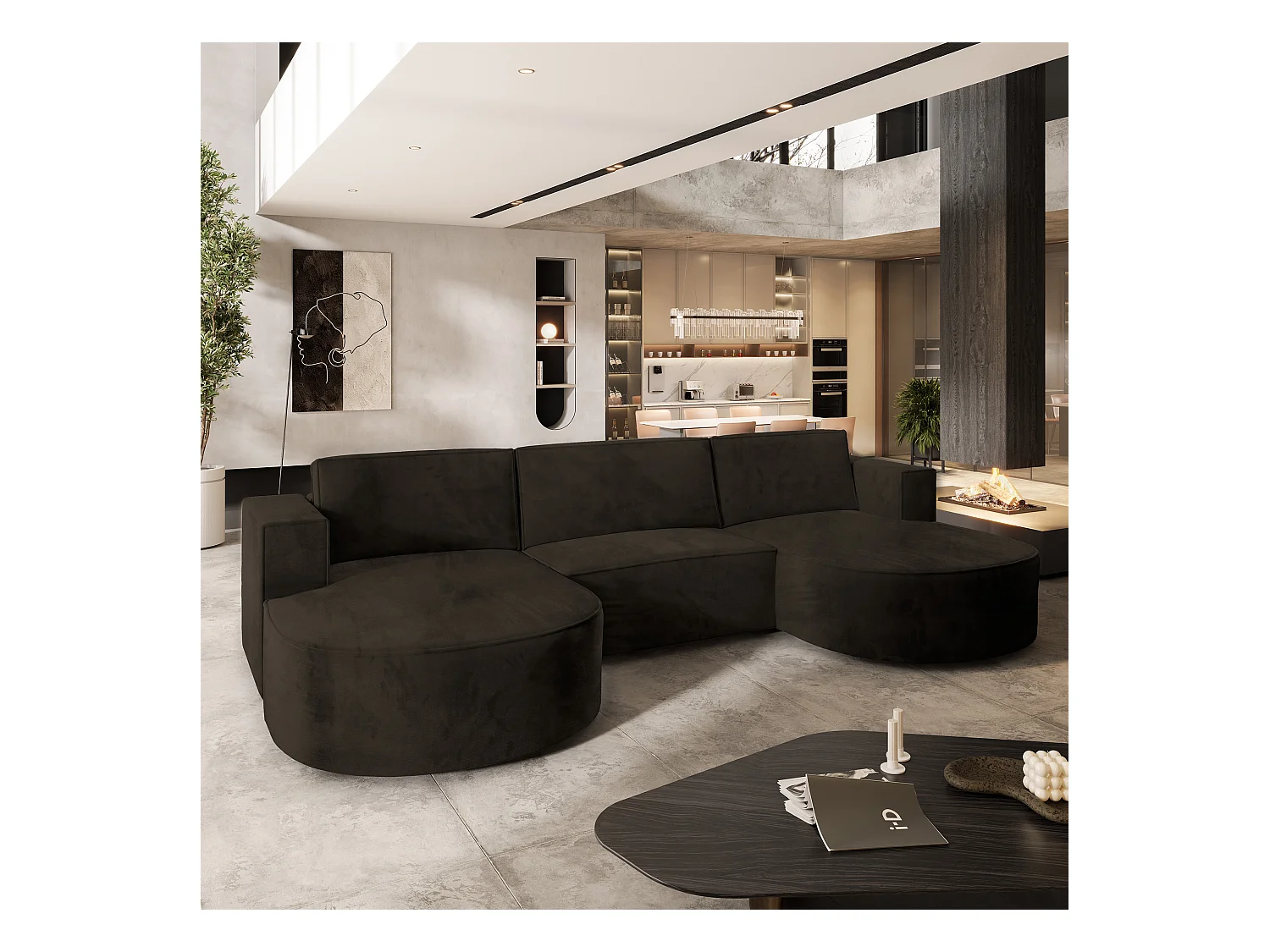 Canapé d'angle VEZZO Marron en velours avec fonction de couchage