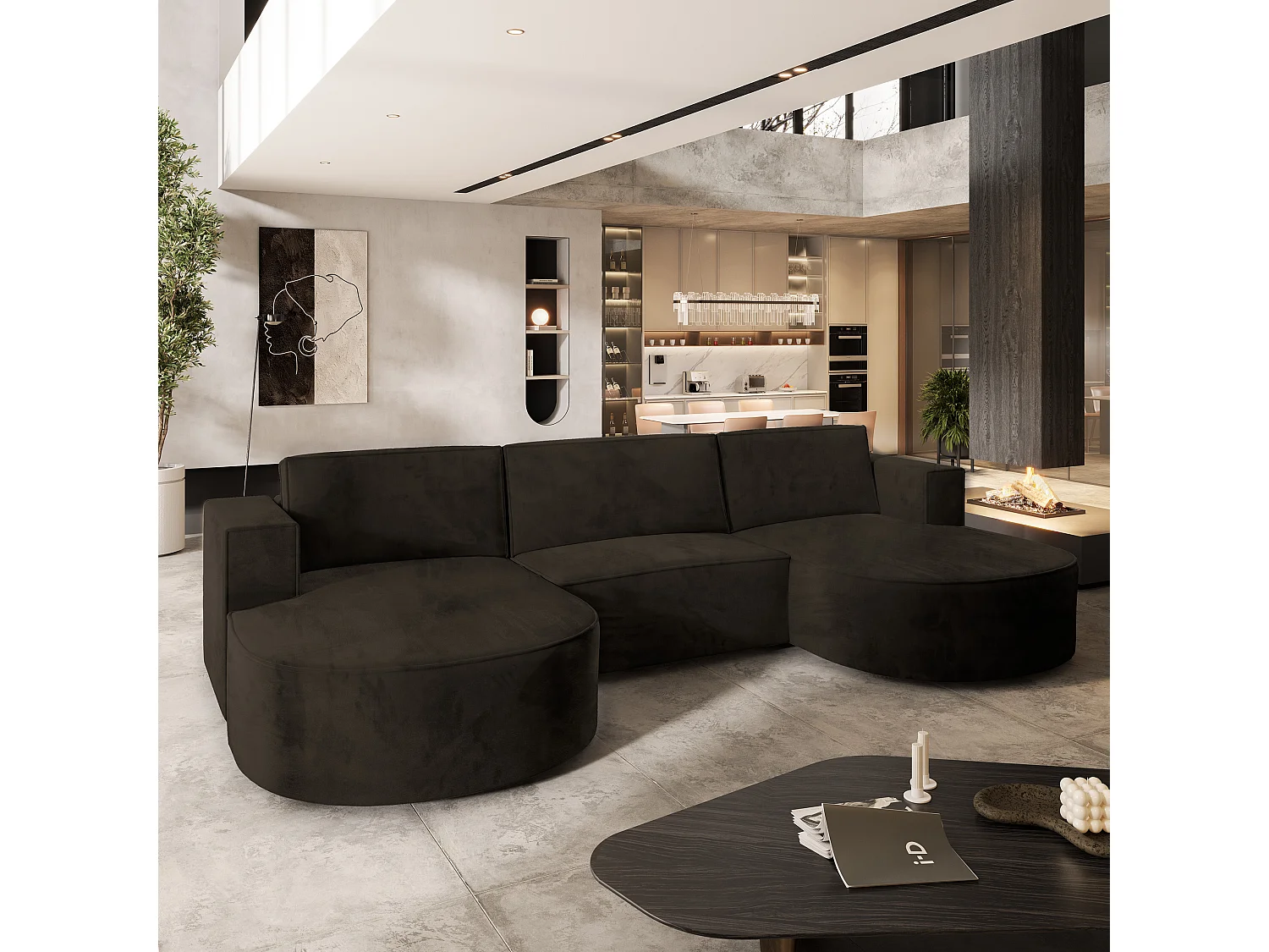 Canapé d'angle VEZZO Marron en velours avec fonction de couchage