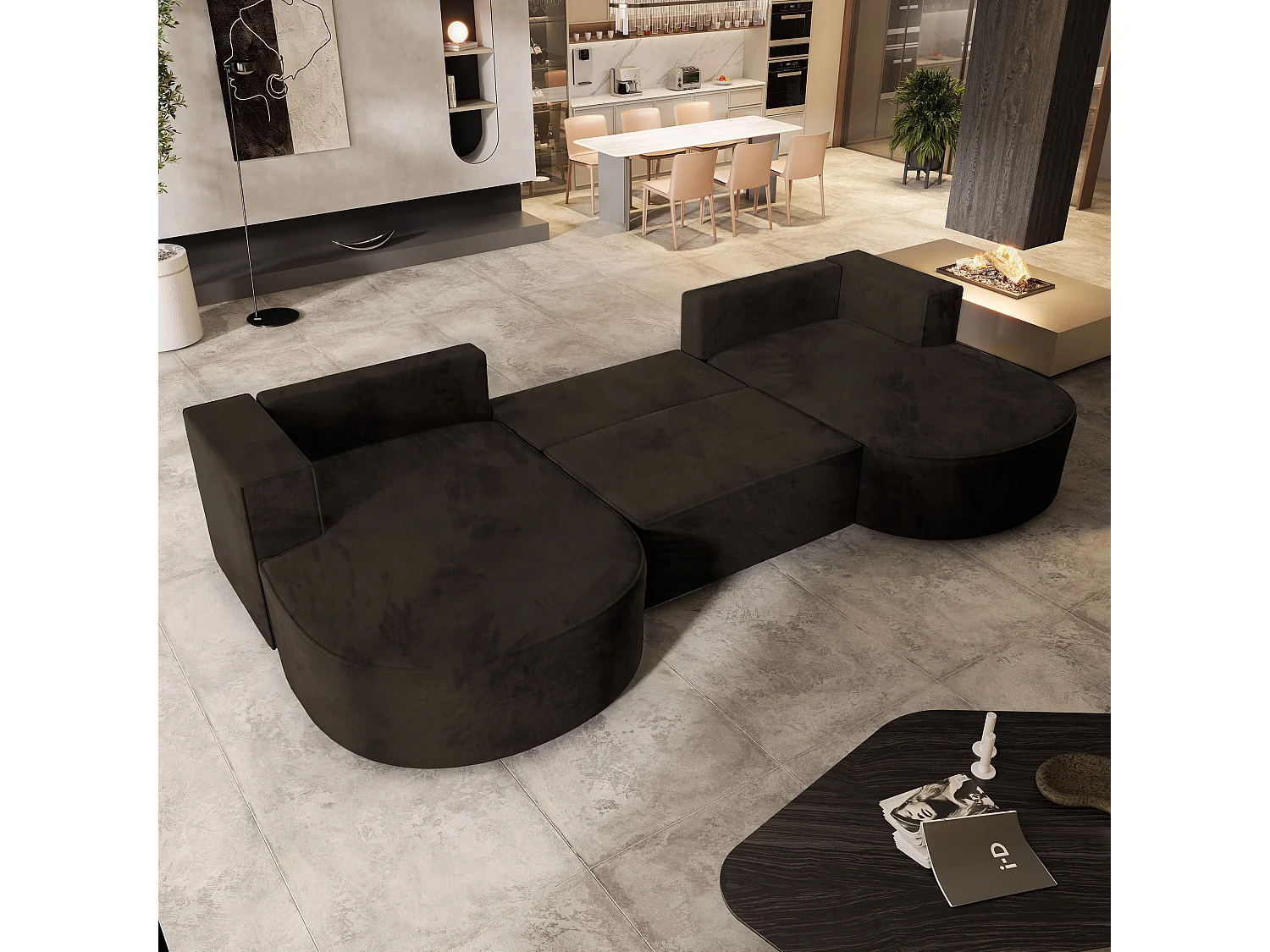 Canapé d'angle VEZZO Marron en velours avec fonction de couchage