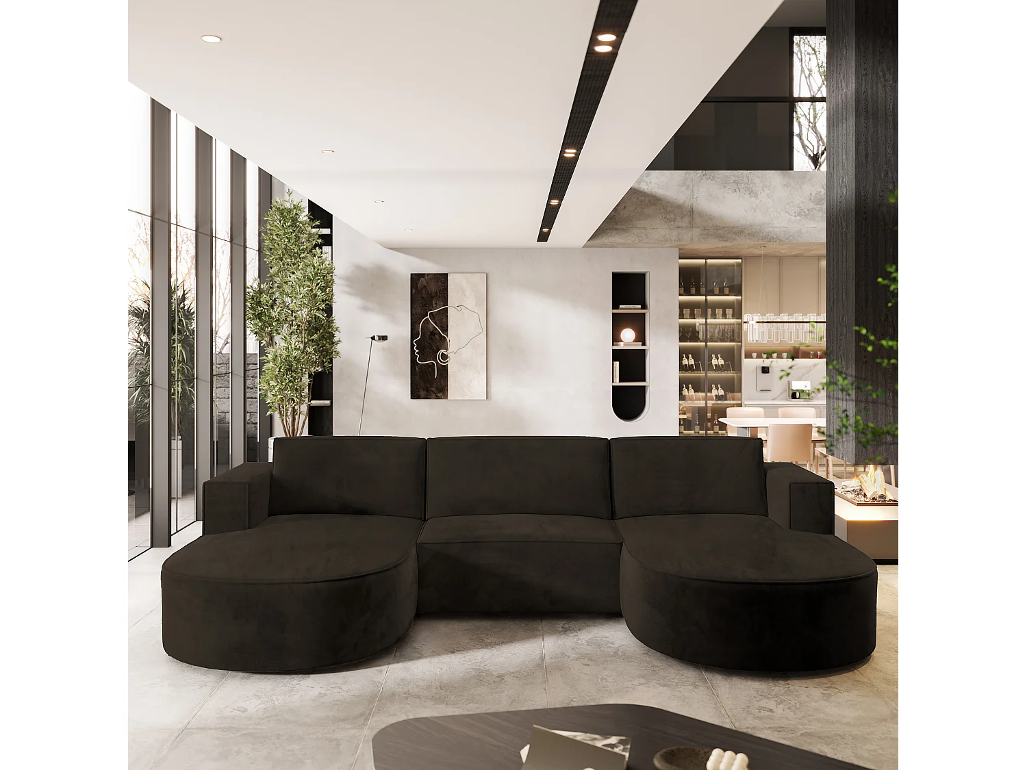 Canapé d'angle VEZZO Marron en velours avec fonction de couchage