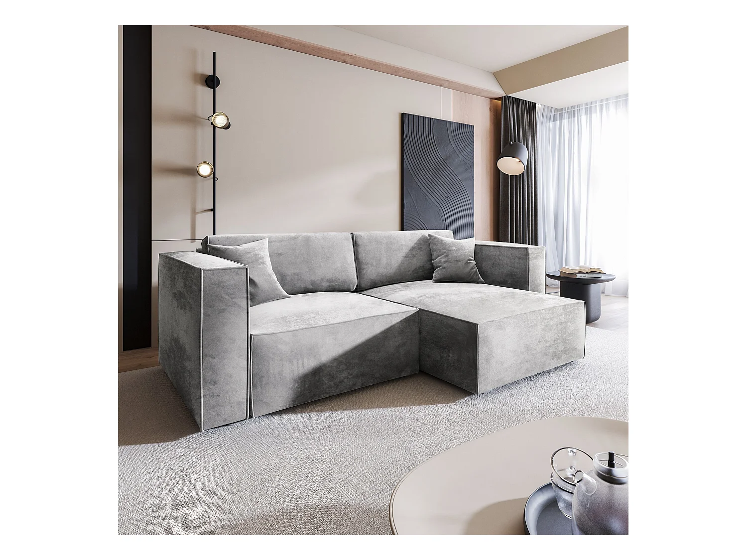 Canapé d'angle NERIO Gris clair en velours avec fonction de couchage