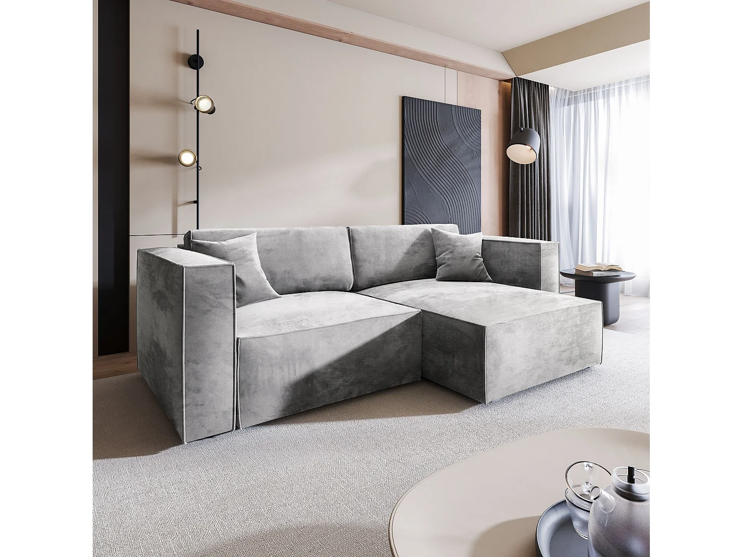 Canapé d'angle NERIO Gris clair en velours avec fonction de couchage