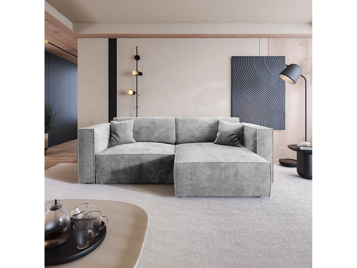 Canapé d'angle NERIO Gris clair en velours avec fonction de couchage