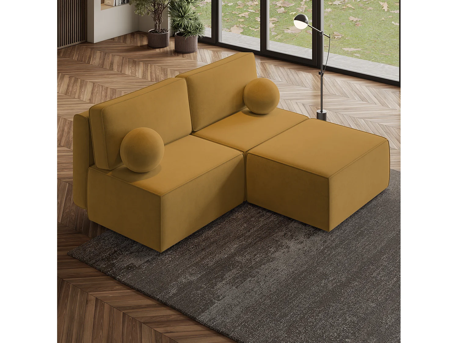 Canapé d'angle VARNA Jaune en velours avec fonction de couchage