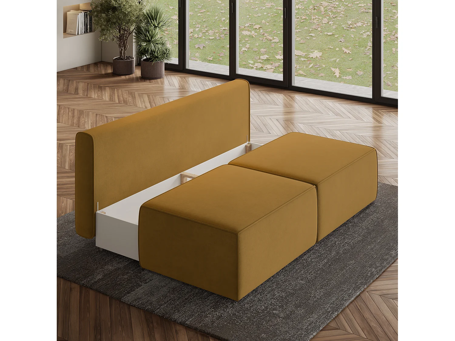 Canapé d'angle VARNA Jaune en velours avec fonction de couchage