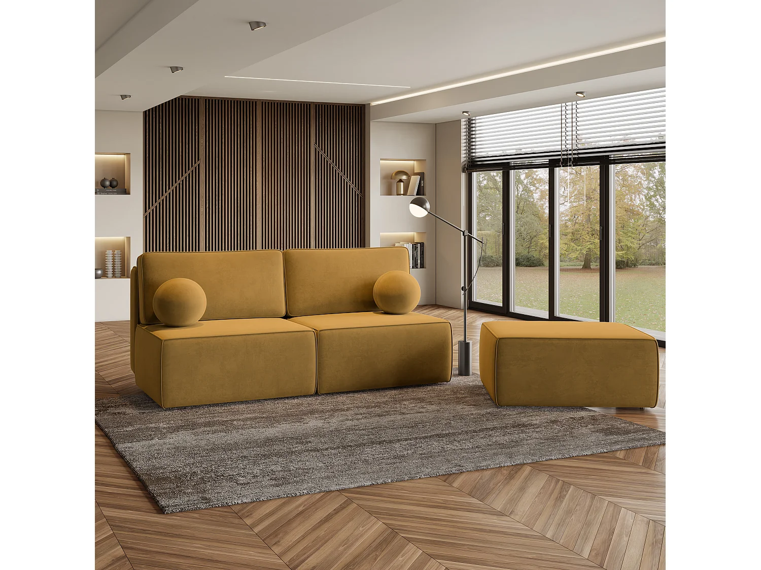 Canapé d'angle VARNA Jaune en velours avec fonction de couchage