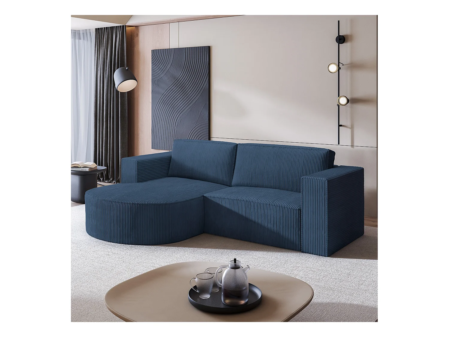 Canapé d'angle SORELA Bleu en velours côtelé avec fonction de couchage