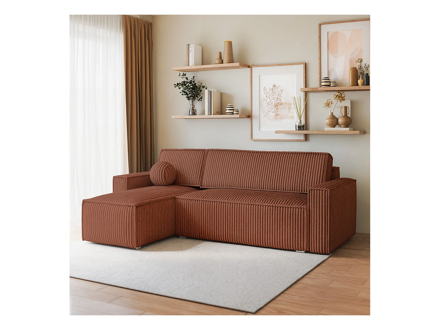 Canapé d'angle RAVELO Marron en velours côtelé avec fonction de couchage