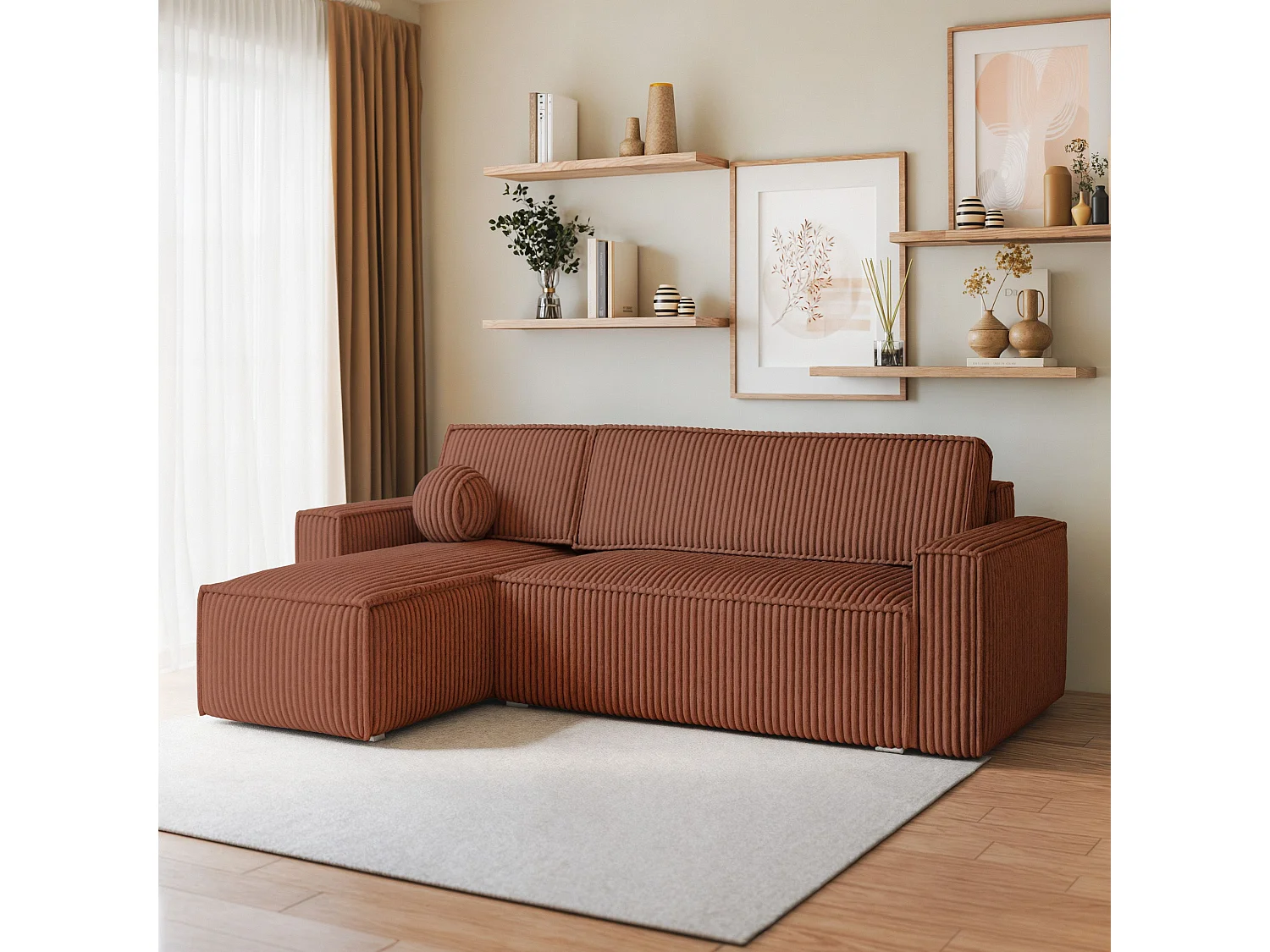 Canapé d'angle RAVELO Marron en velours côtelé avec fonction de couchage