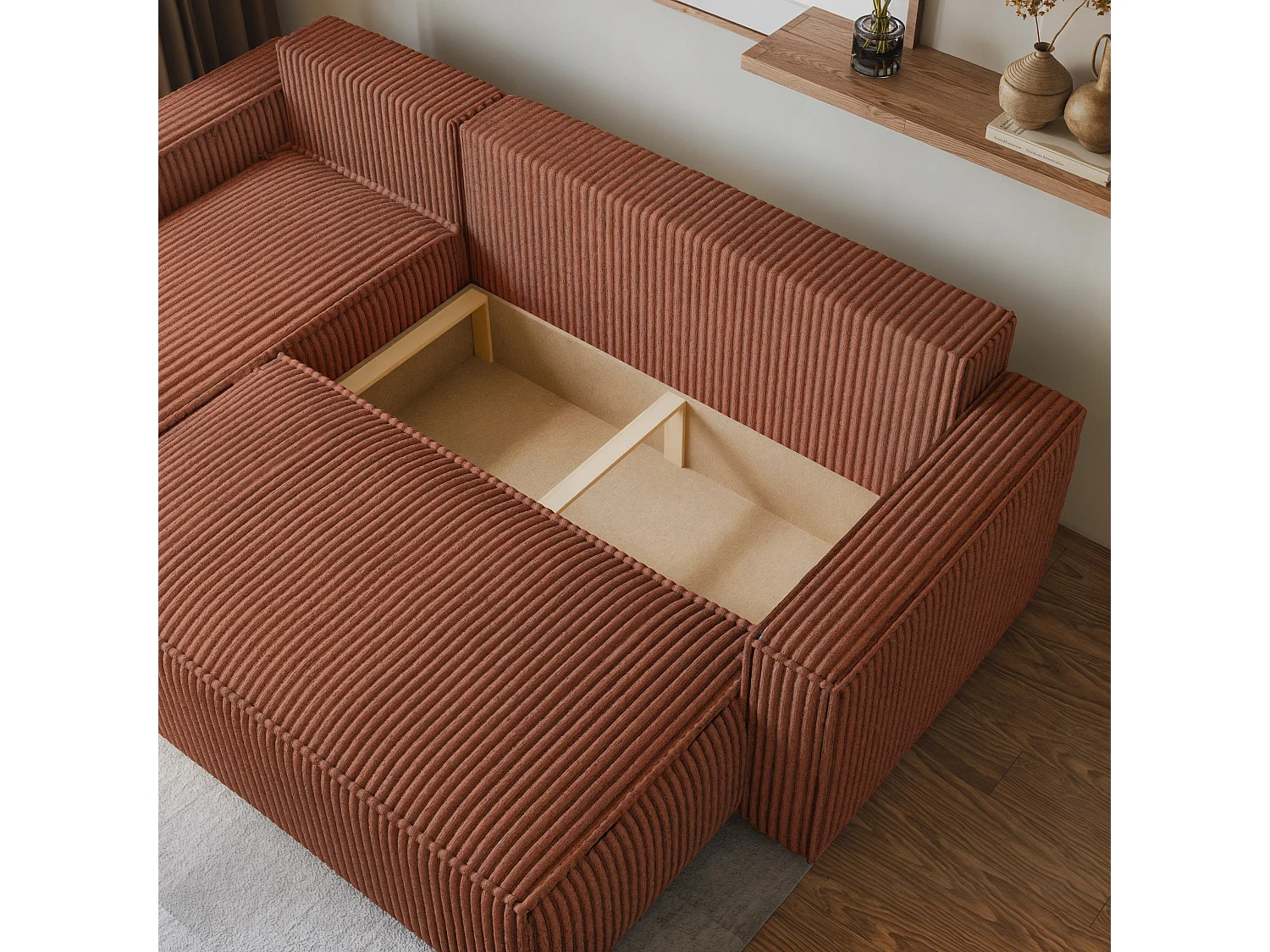 Canapé d'angle RAVELO Marron en velours côtelé avec fonction de couchage