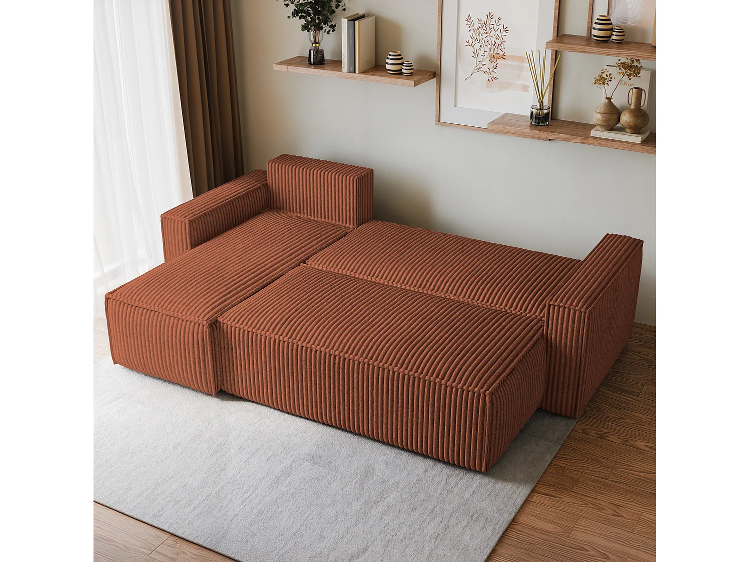 Canapé d'angle RAVELO Marron en velours côtelé avec fonction de couchage