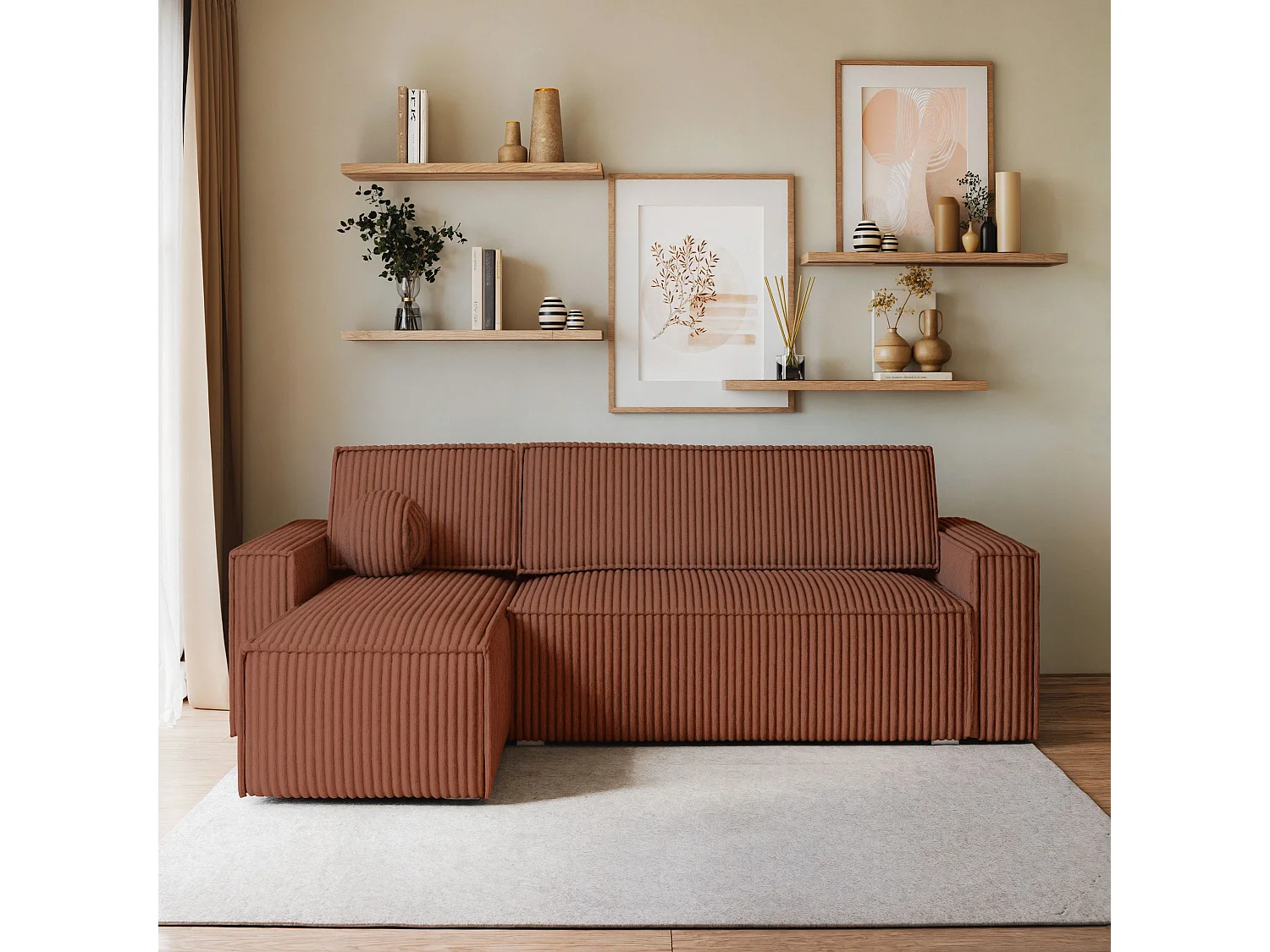 Canapé d'angle RAVELO Marron en velours côtelé avec fonction de couchage