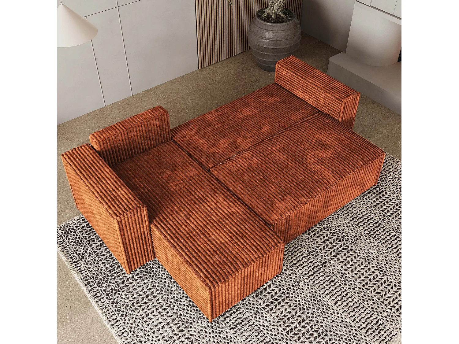 Hoekbank RAVELO van fluweel met slaapfunctie Braun