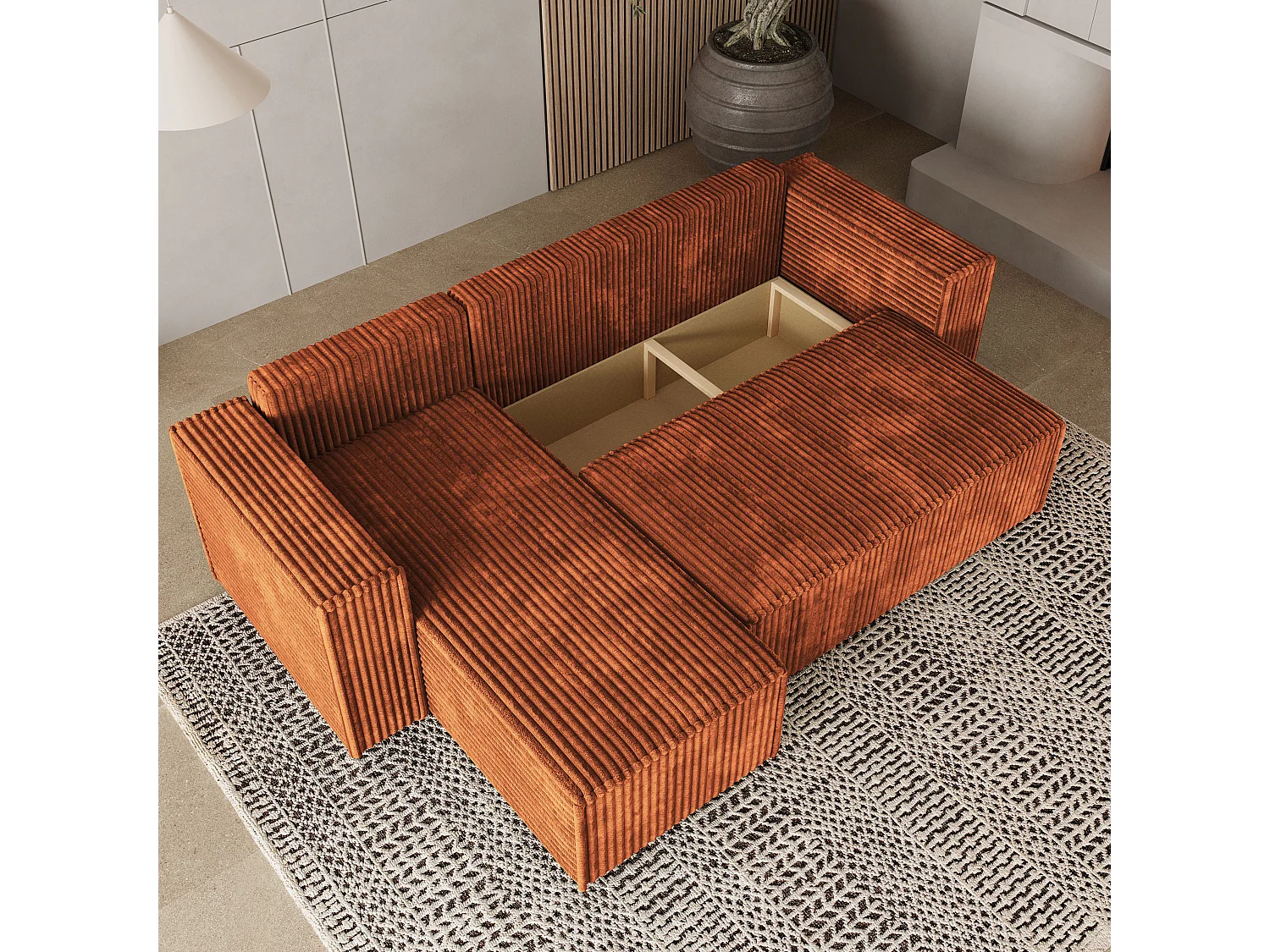 Hoekbank RAVELO van fluweel met slaapfunctie Braun