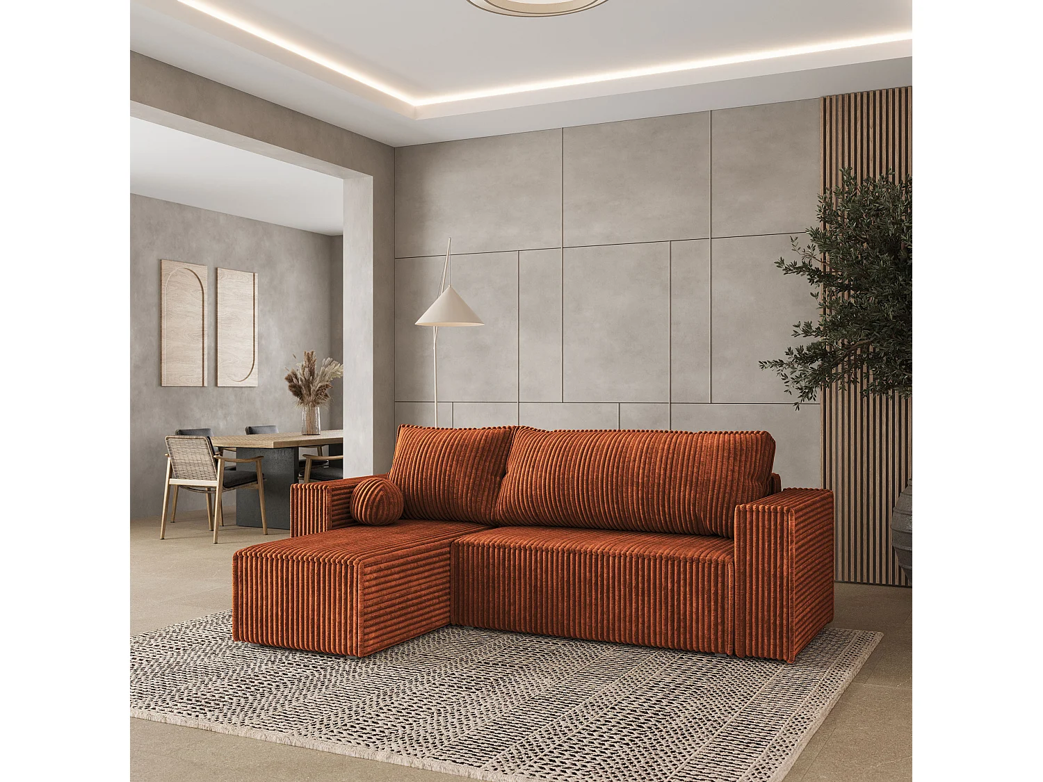 Canapé d'angle RAVELO Marron en velours côtelé avec fonction de couchage