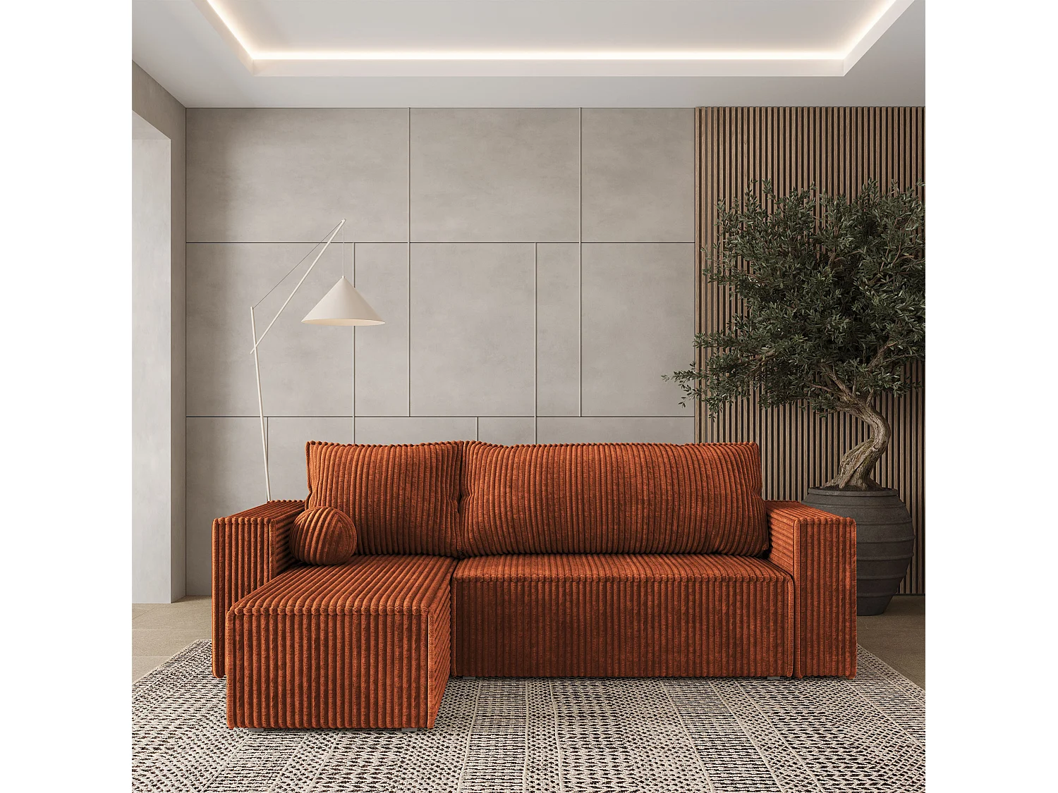 Canapé d'angle RAVELO Marron en velours côtelé avec fonction de couchage