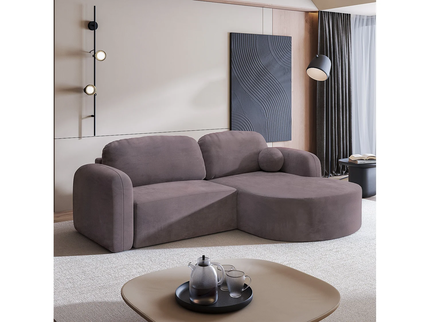 Canapé d'angle AMILIA Parme en velours avec fonction de couchage