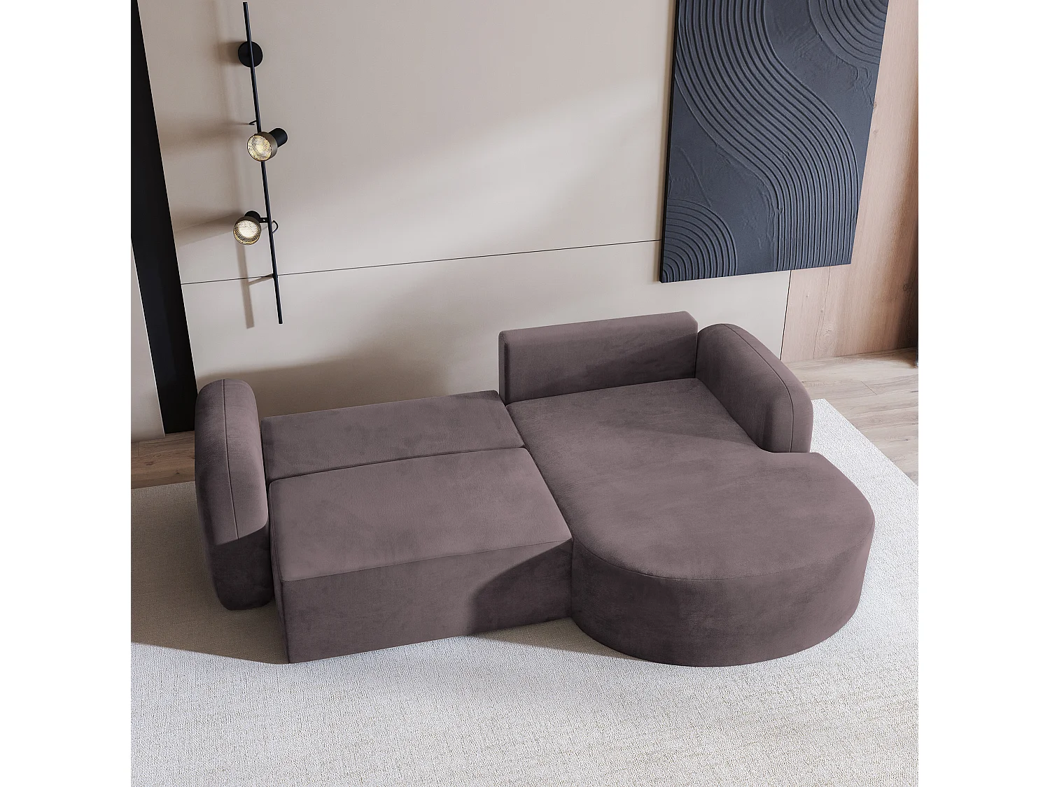 Canapé d'angle AMILIA Parme en velours avec fonction de couchage