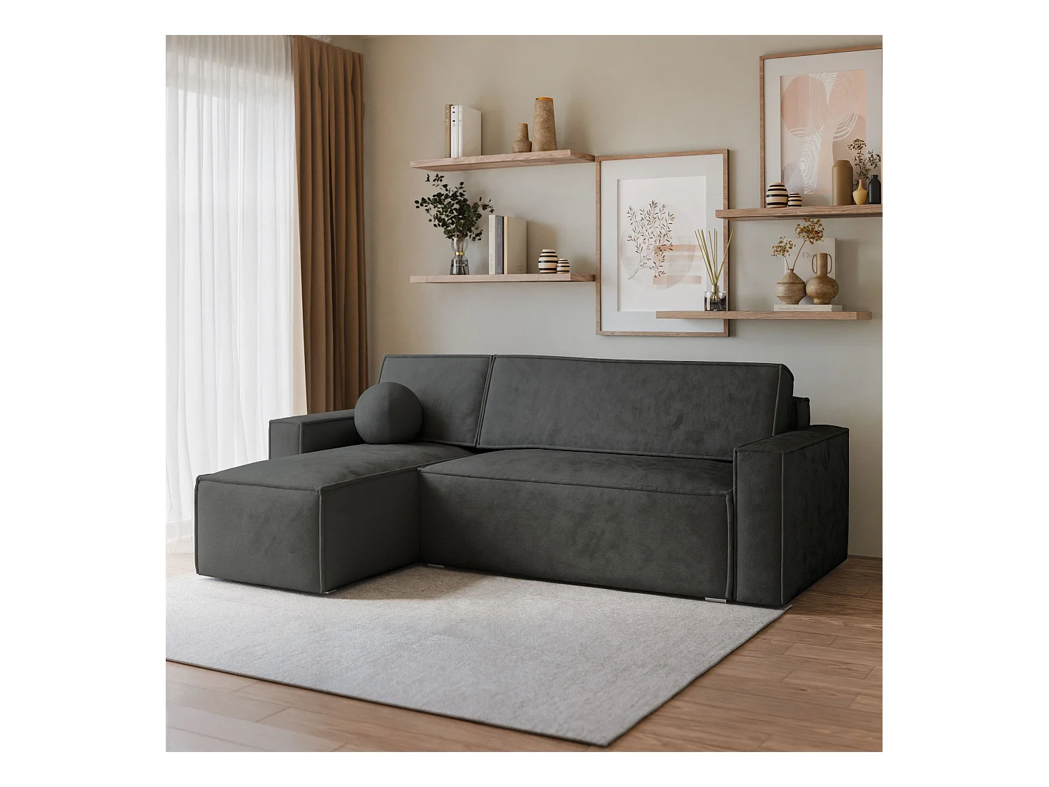 Canapé d'angle RAVELO Noir en velours avec fonction de couchage