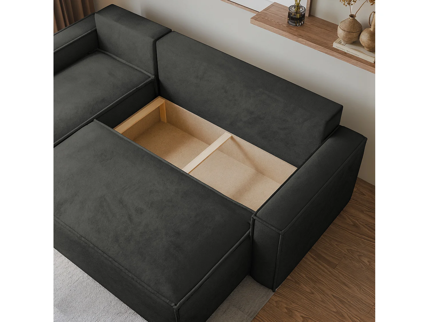 Canapé d'angle RAVELO Noir en velours avec fonction de couchage