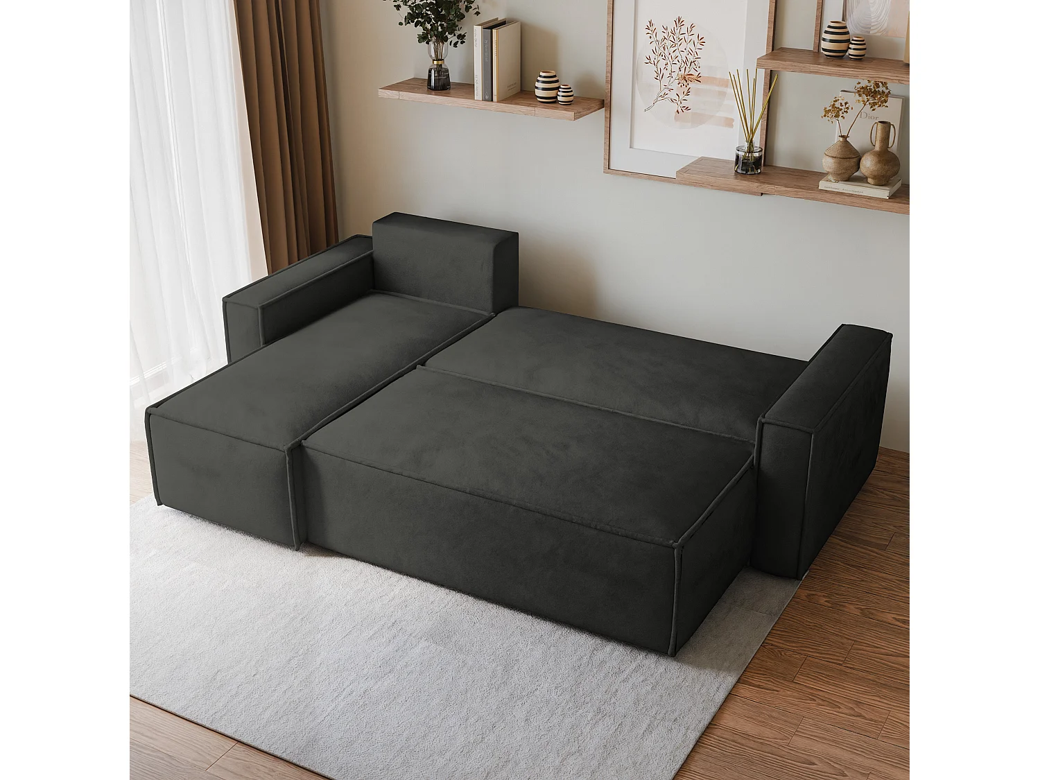 Canapé d'angle RAVELO Noir en velours avec fonction de couchage