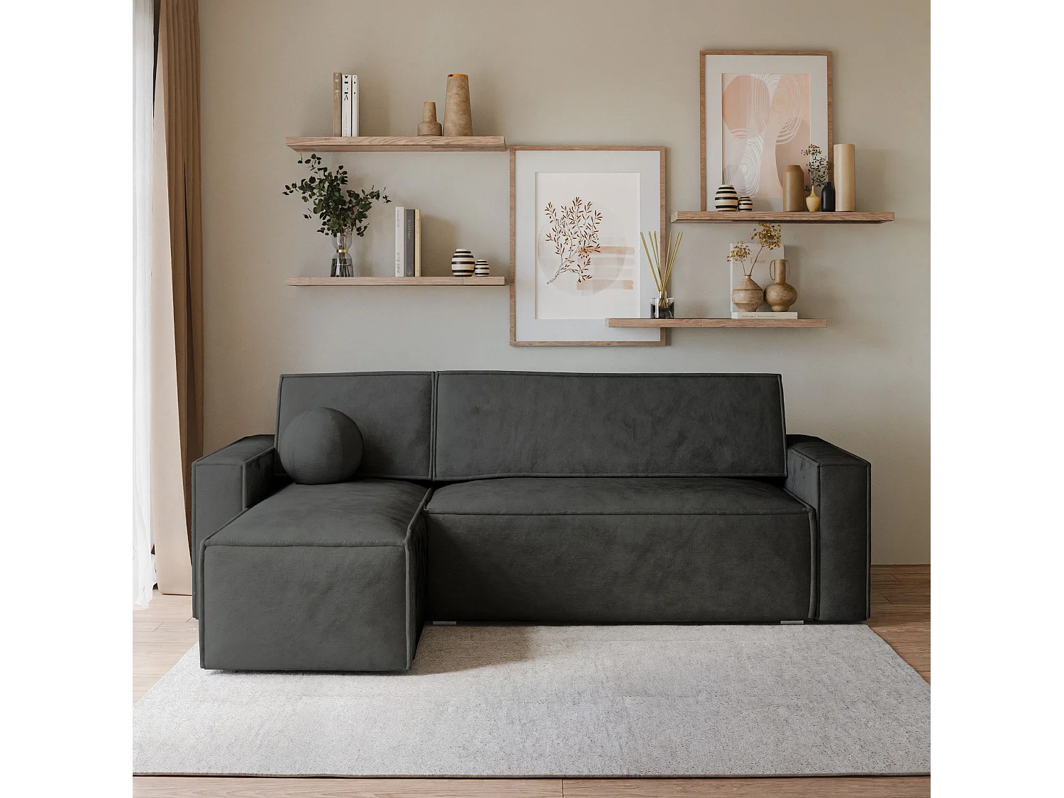 Canapé d'angle RAVELO Noir en velours avec fonction de couchage