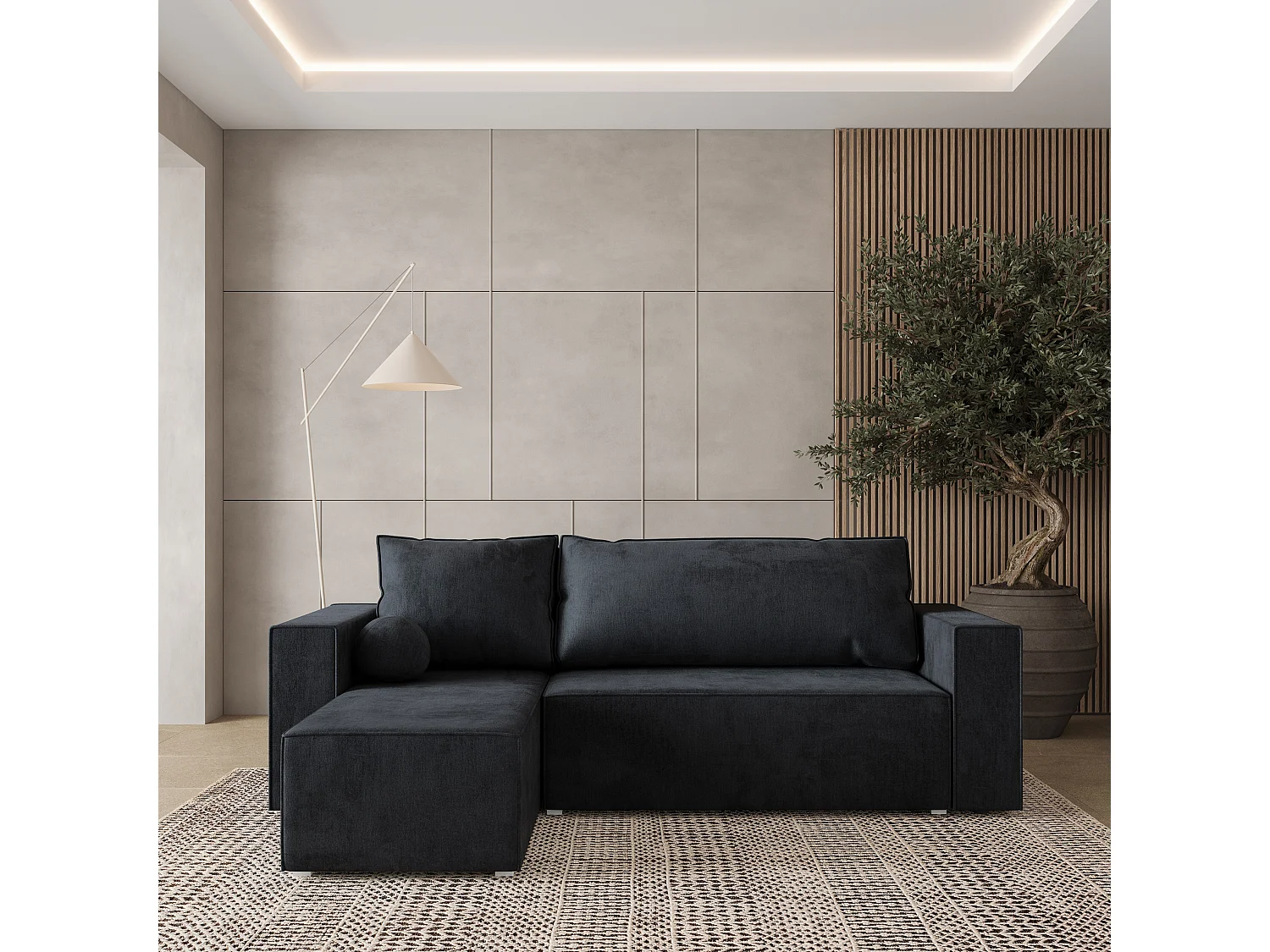 Canapé d'angle RAVELO Noir en velours avec fonction de couchage