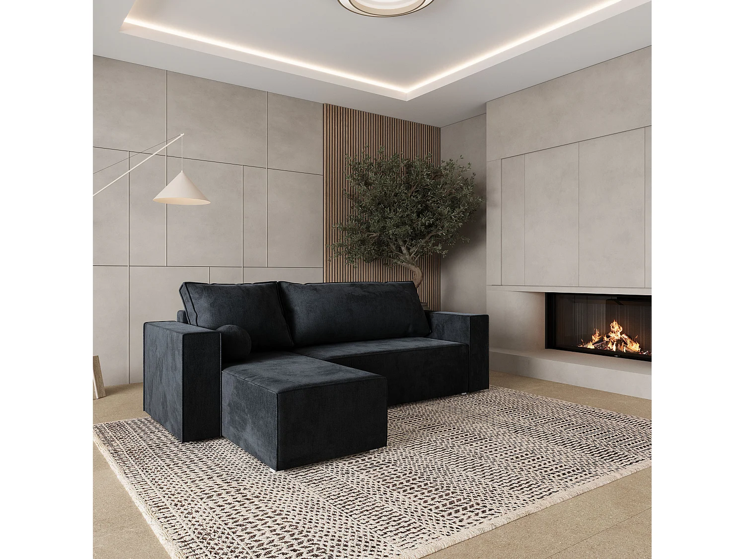 Canapé d'angle RAVELO Noir en velours avec fonction de couchage