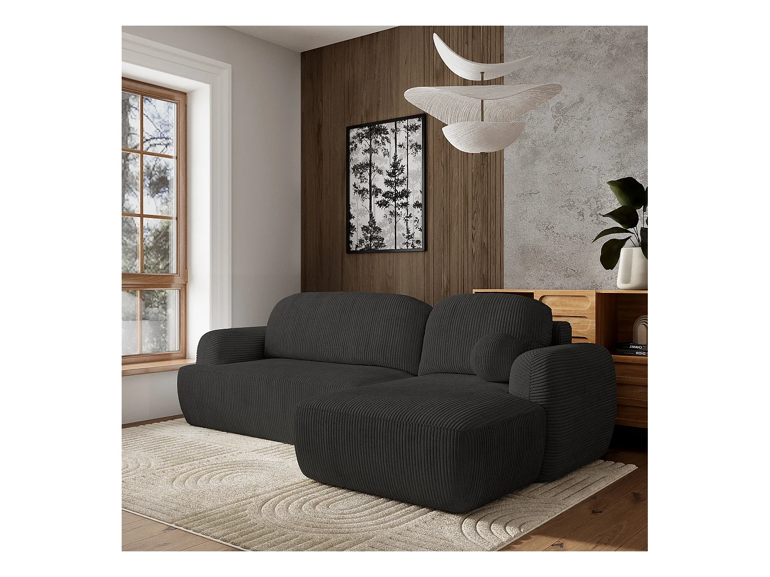 Canapé d'angle MODENZA Noir en velours côtelé avec fonction de couchage