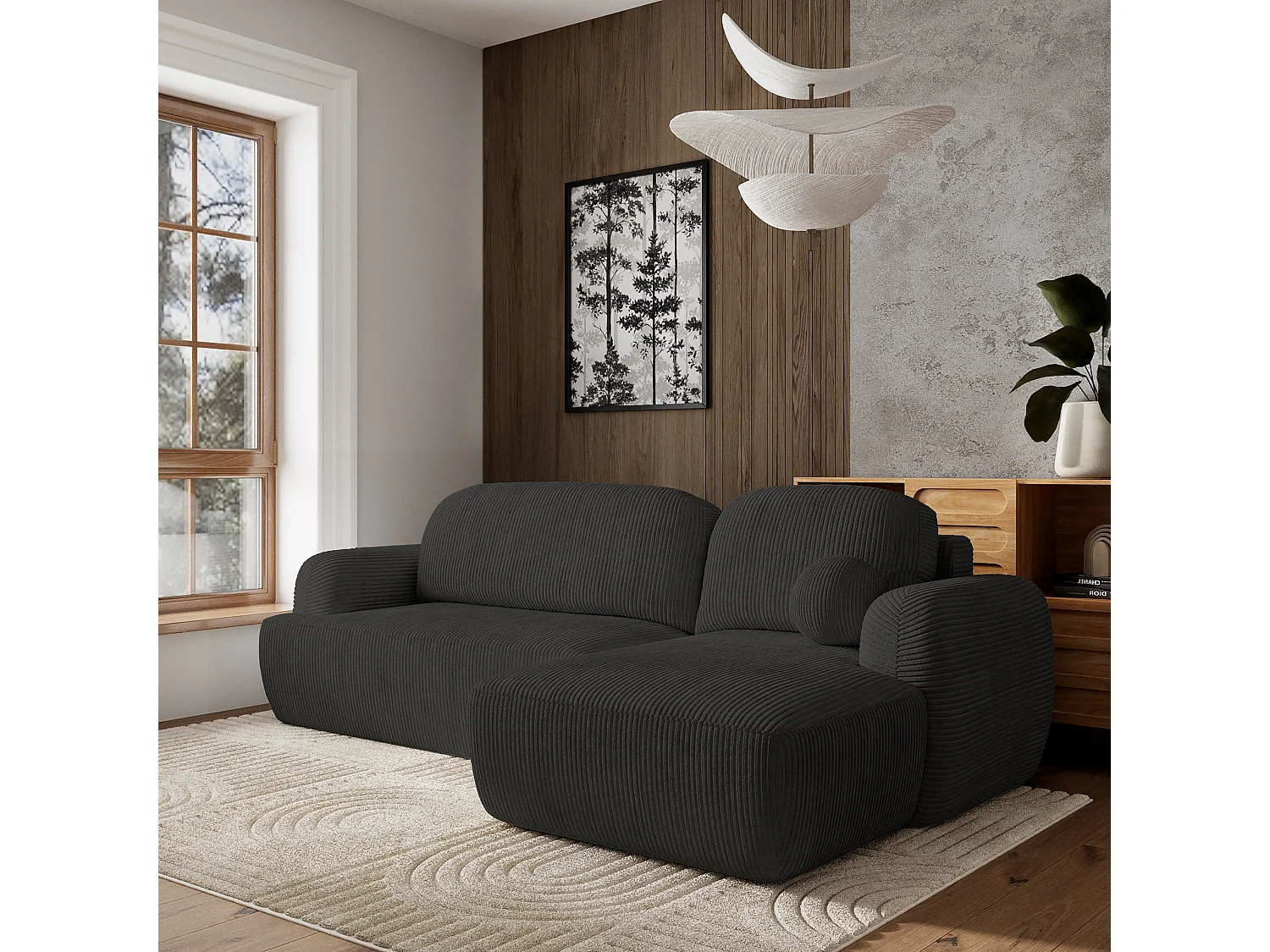 Canapé d'angle MODENZA Noir en velours côtelé avec fonction de couchage