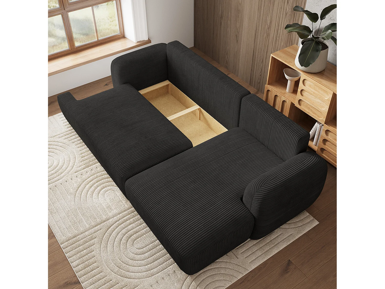 Canapé d'angle MODENZA Noir en velours côtelé avec fonction de couchage