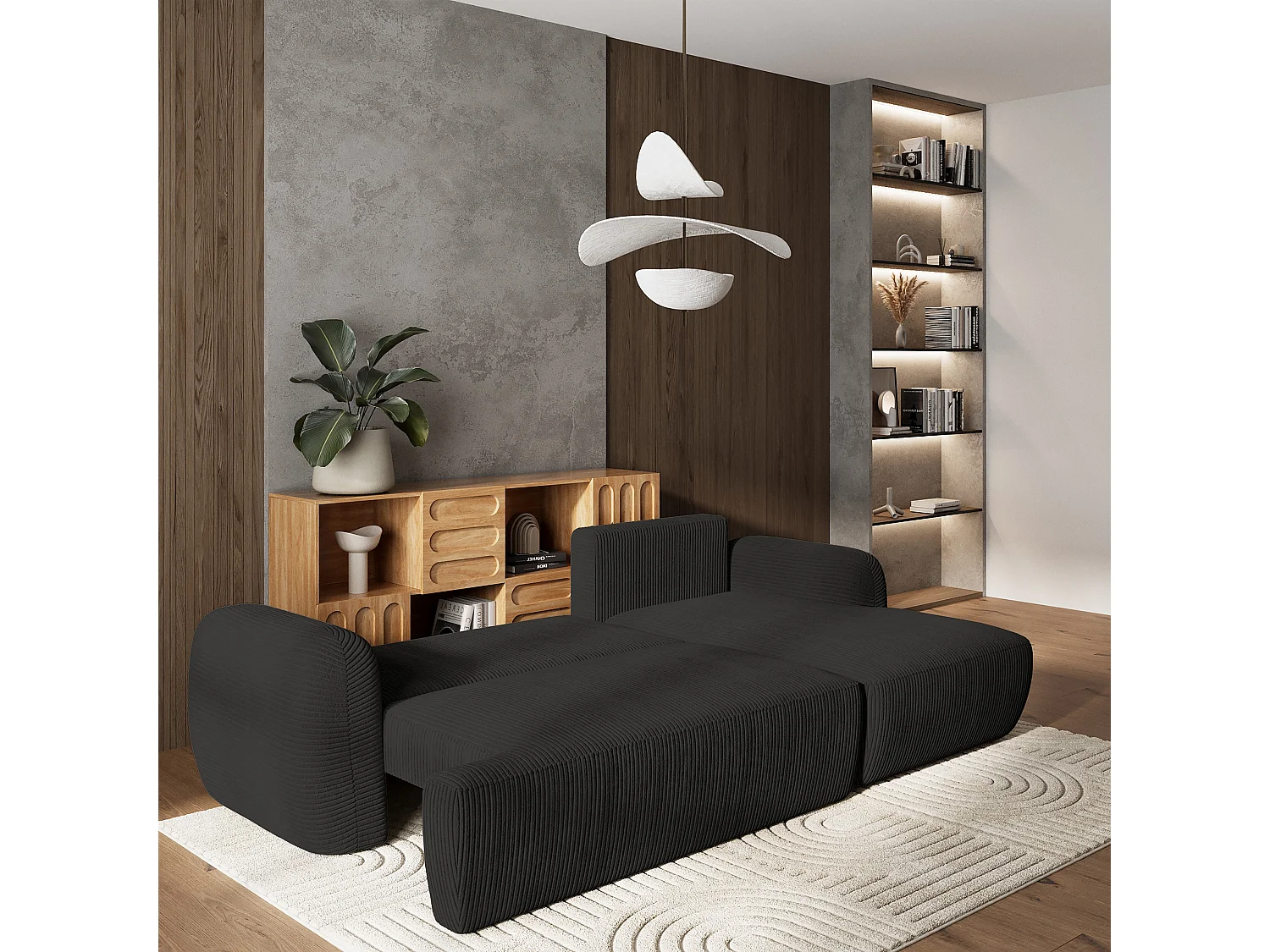 Canapé d'angle MODENZA Noir en velours côtelé avec fonction de couchage