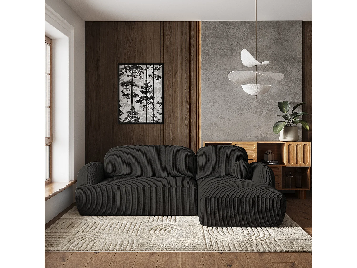 Canapé d'angle MODENZA Noir en velours côtelé avec fonction de couchage