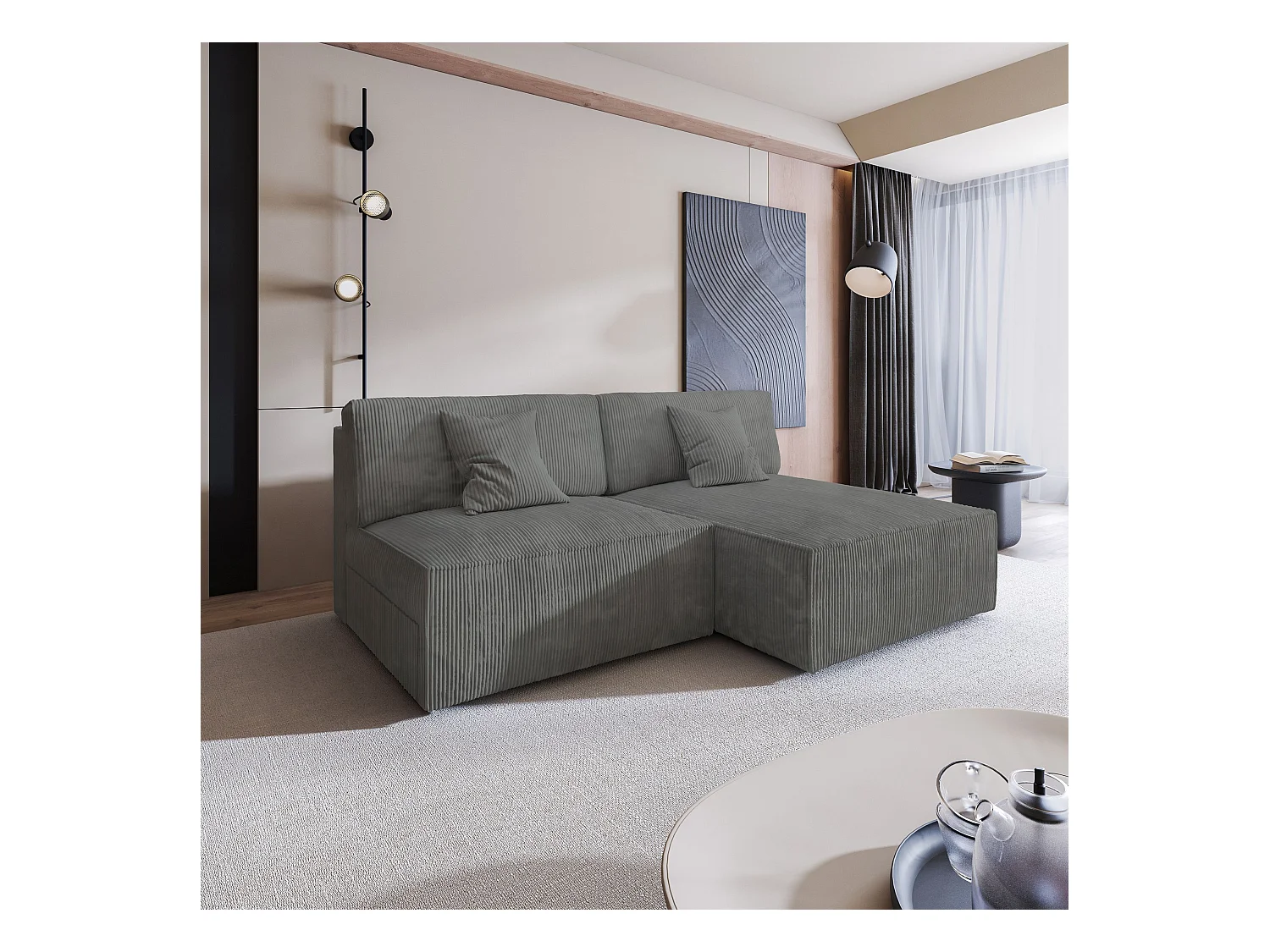 Canapé d'angle FIORO Gris en velours côtelé avec fonction de couchage