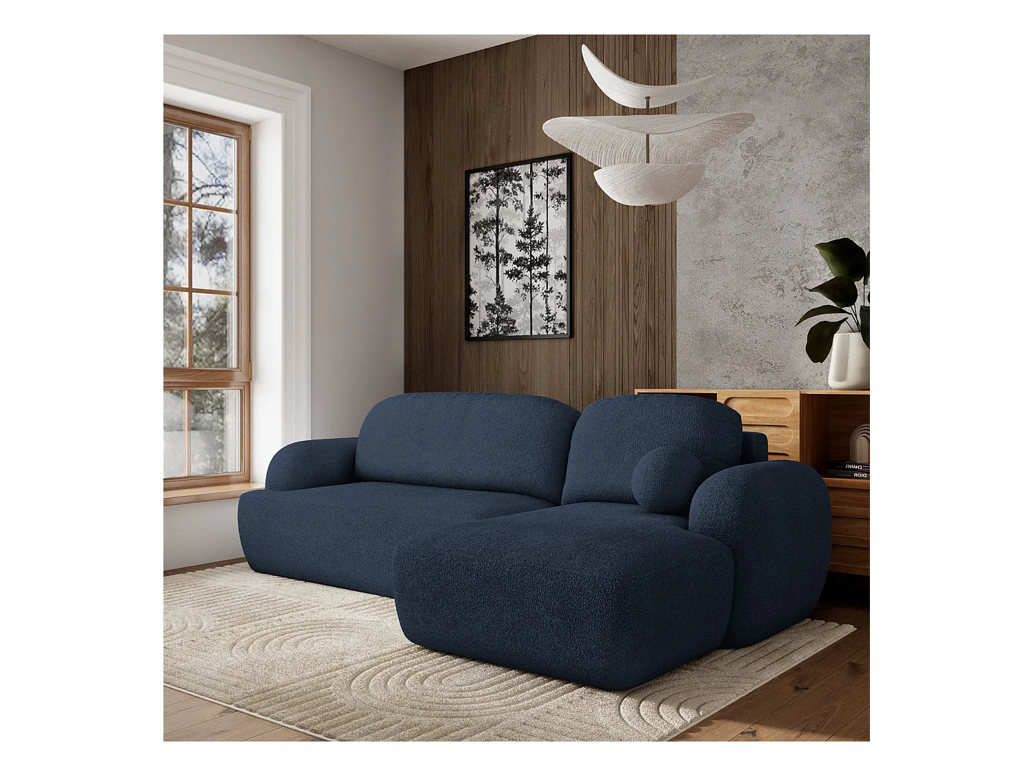 Canapé d'angle MODENZA Bleu en bouclé avec fonction de couchage