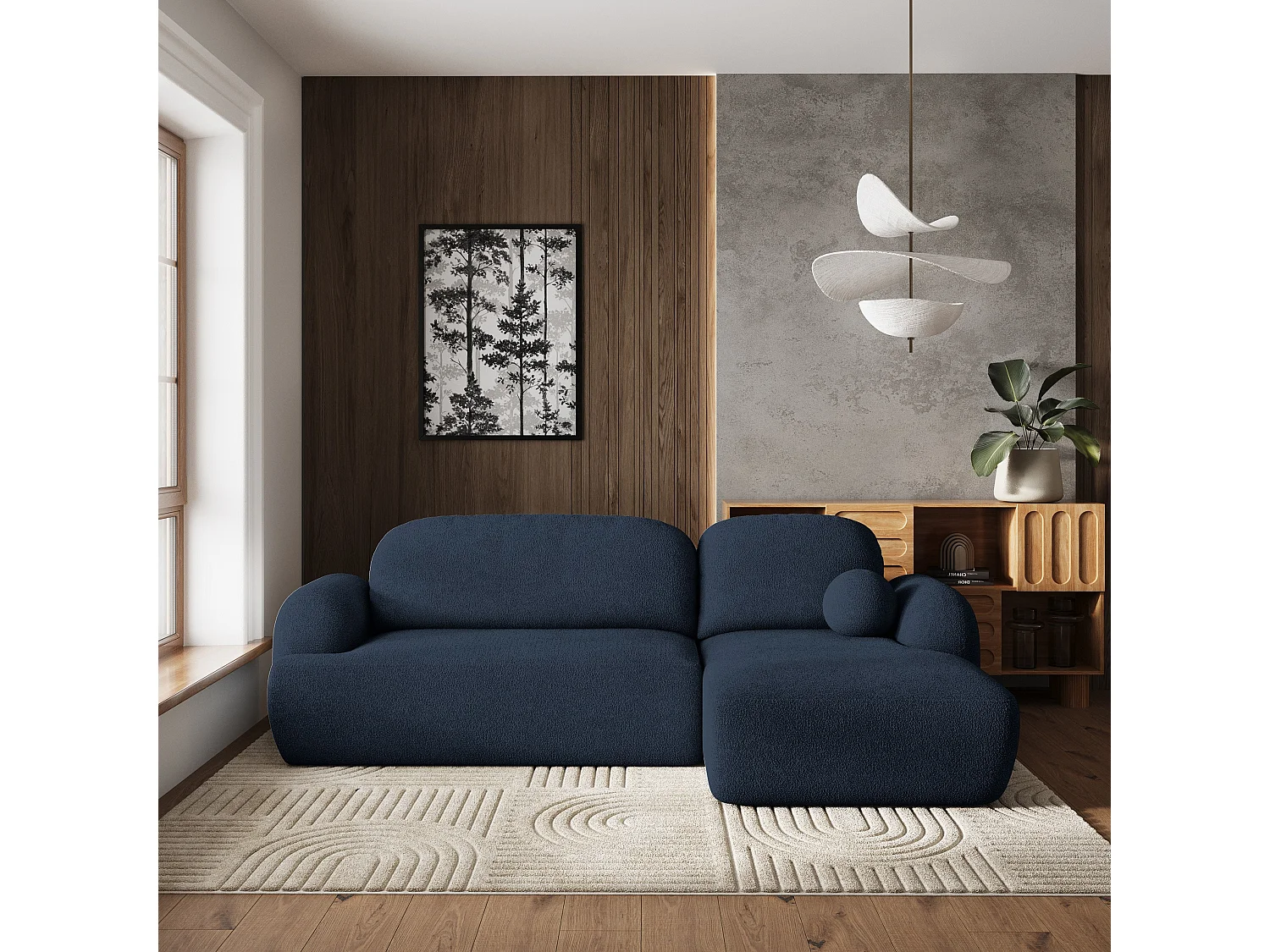 Canapé d'angle MODENZA Bleu en bouclé avec fonction de couchage