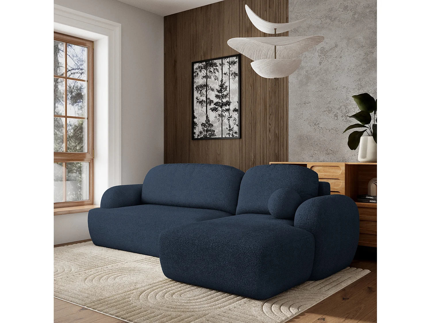 Canapé d'angle MODENZA Bleu en bouclé avec fonction de couchage