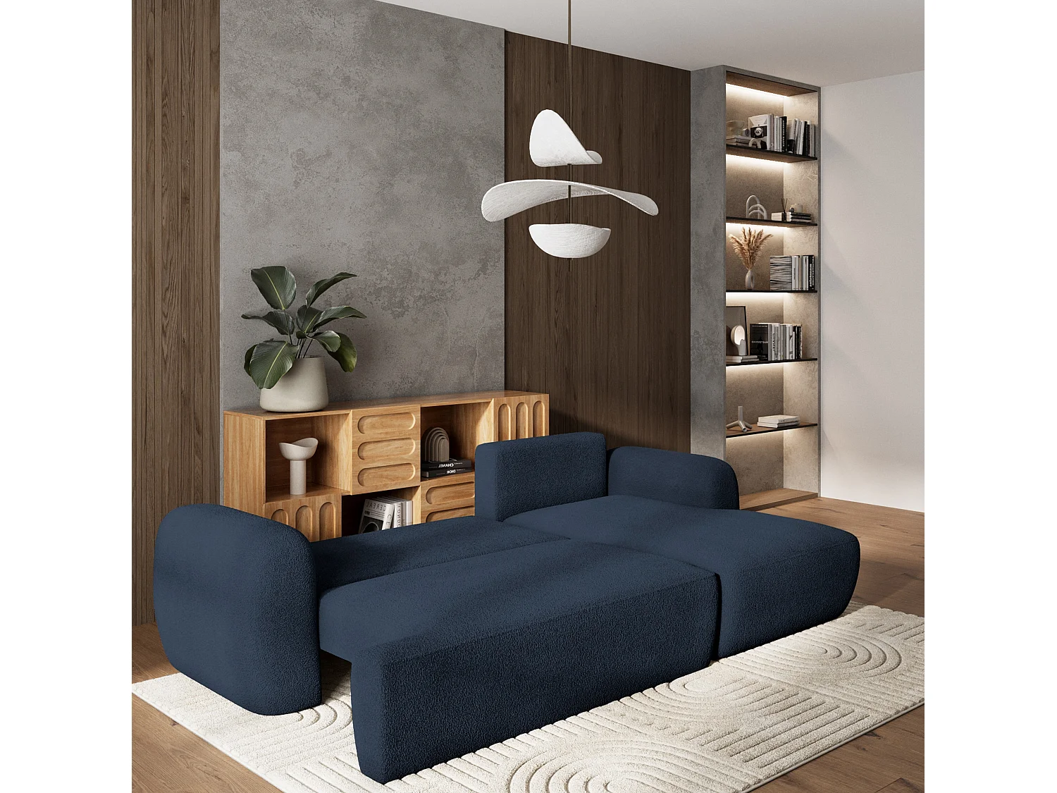 Canapé d'angle MODENZA Bleu en bouclé avec fonction de couchage